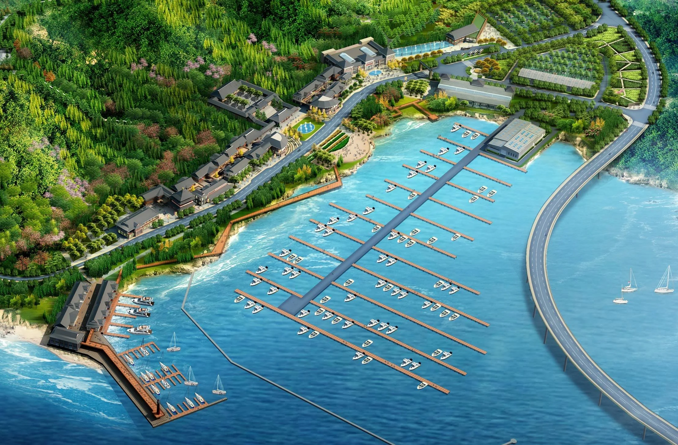 A detailed illustration of a marina with numerous boat slips and docks, adjacent to a lush, green landscape with trees and buildings, connected by roads and a bridge over the water.