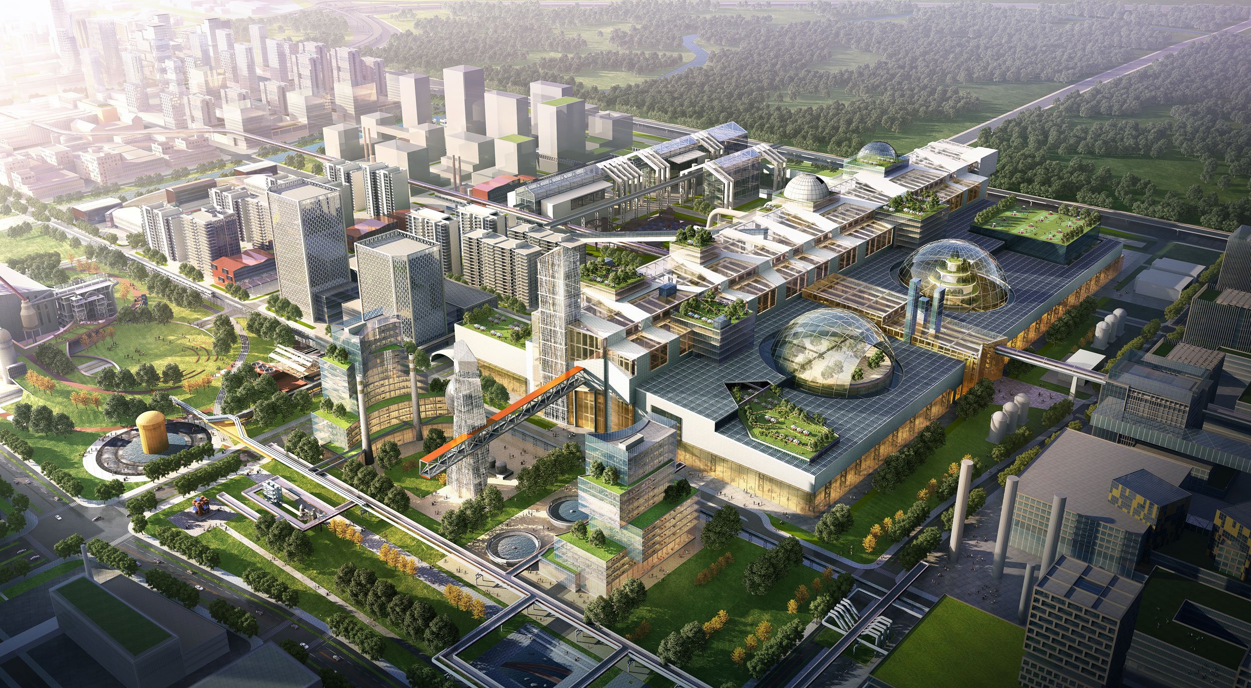 A detailed aerial illustration of a modern urban complex with interconnected buildings, green spaces, glass domes, and elevated walkways in a city setting.