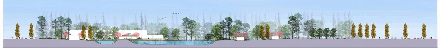 A detailed illustration of a landscape with trees, a building, and a water feature, viewed from the side.