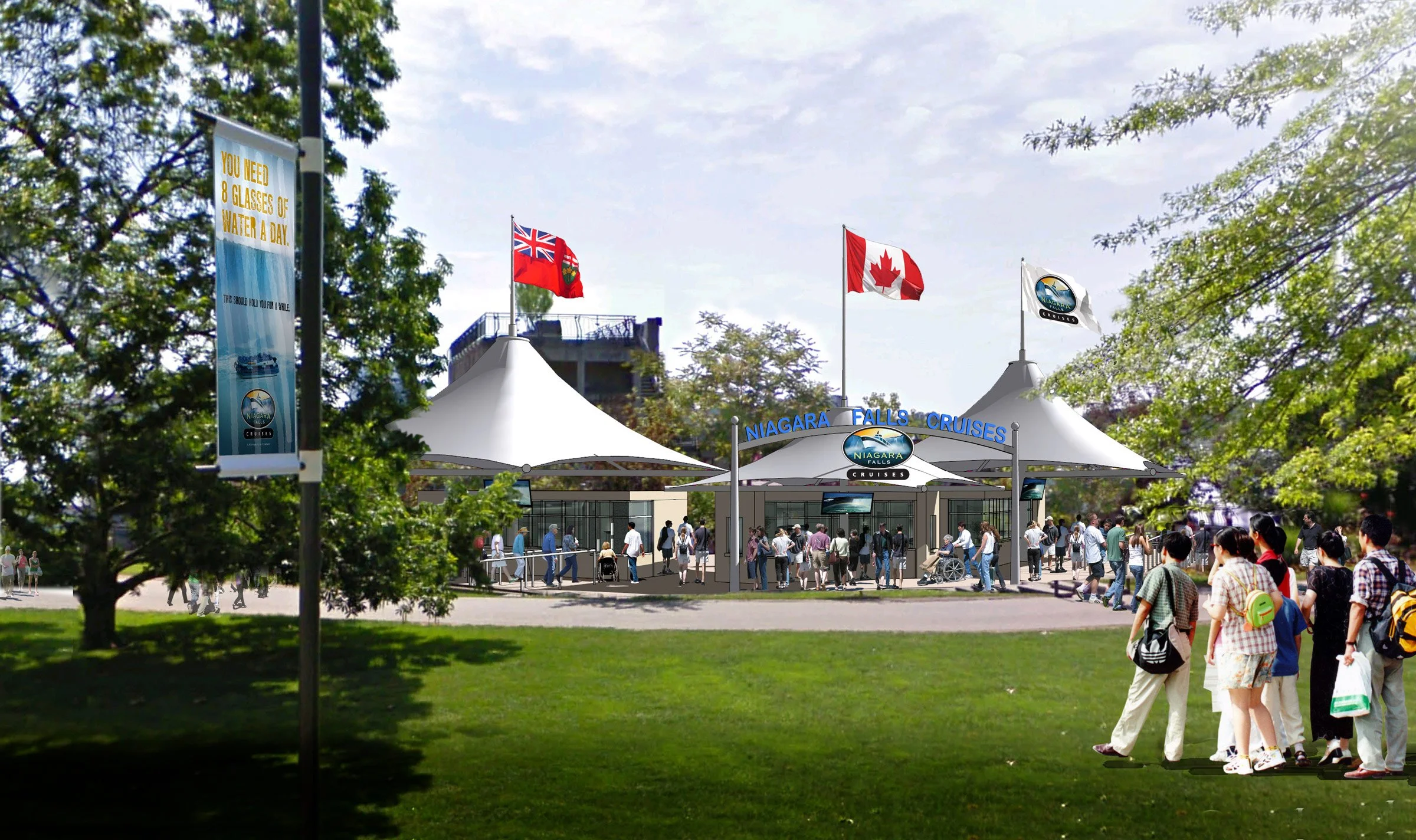 People waiting in line at Niagara Falls Cruises ticket booth with flags of Ontario, Canada, and Niagara Falls, and a sign that says Niagara Falls Cruises.