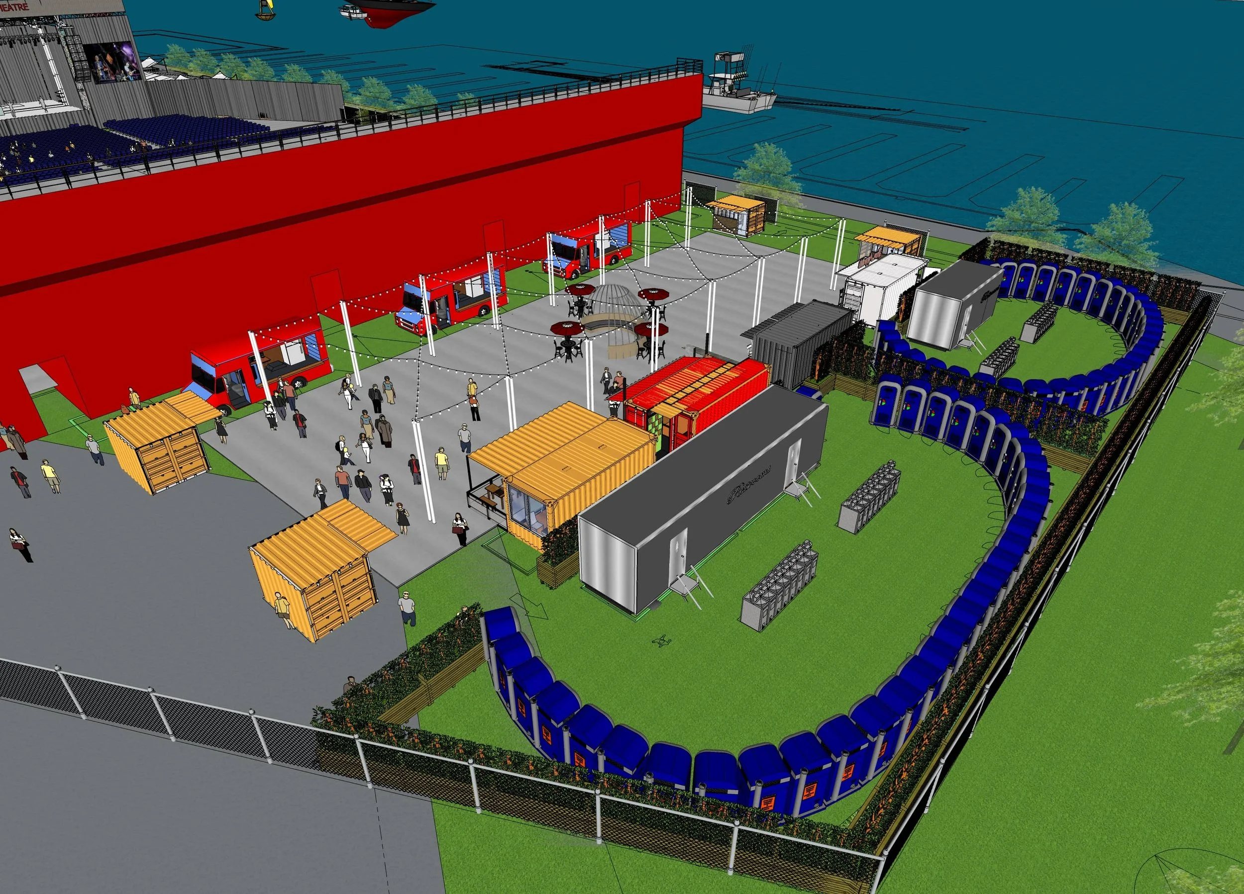 A detailed digital rendering of a carnival or outdoor event area with food trucks, seating, a stage, booths, and a blue circular ride or seating area, situated near a waterfront.