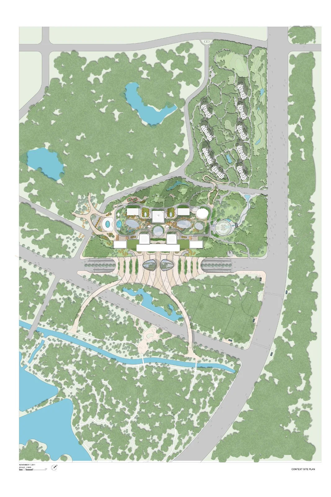 A detailed site plan of a large park or recreational area with lakes, wooded sections, walking paths, and a central complex with several buildings.