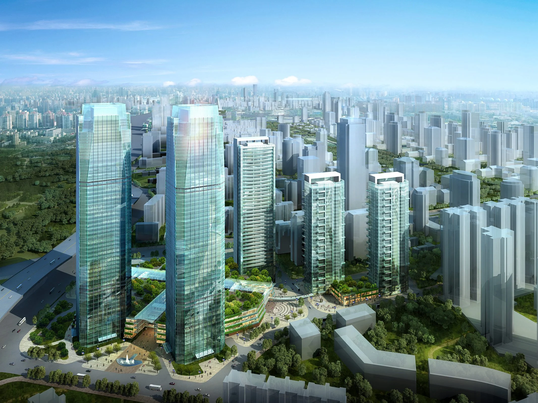 A digital rendering of a modern urban cityscape with several tall glass skyscrapers, green parks, and surrounding buildings under a blue sky.