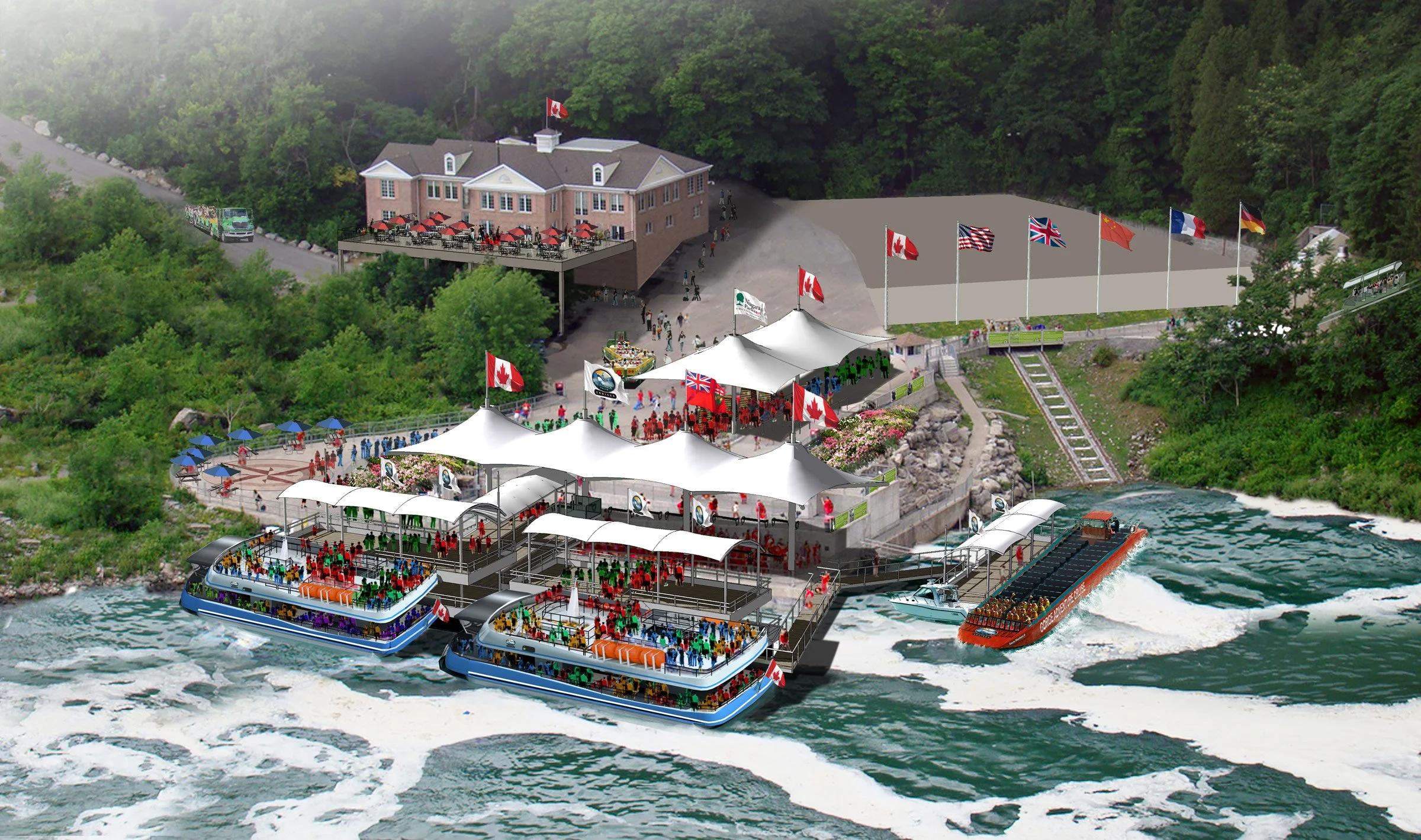 A waterfront event space with outdoor seating, flags, and boats, including a building with a patio, tents, a crowd, and a large boat docked at the shore.