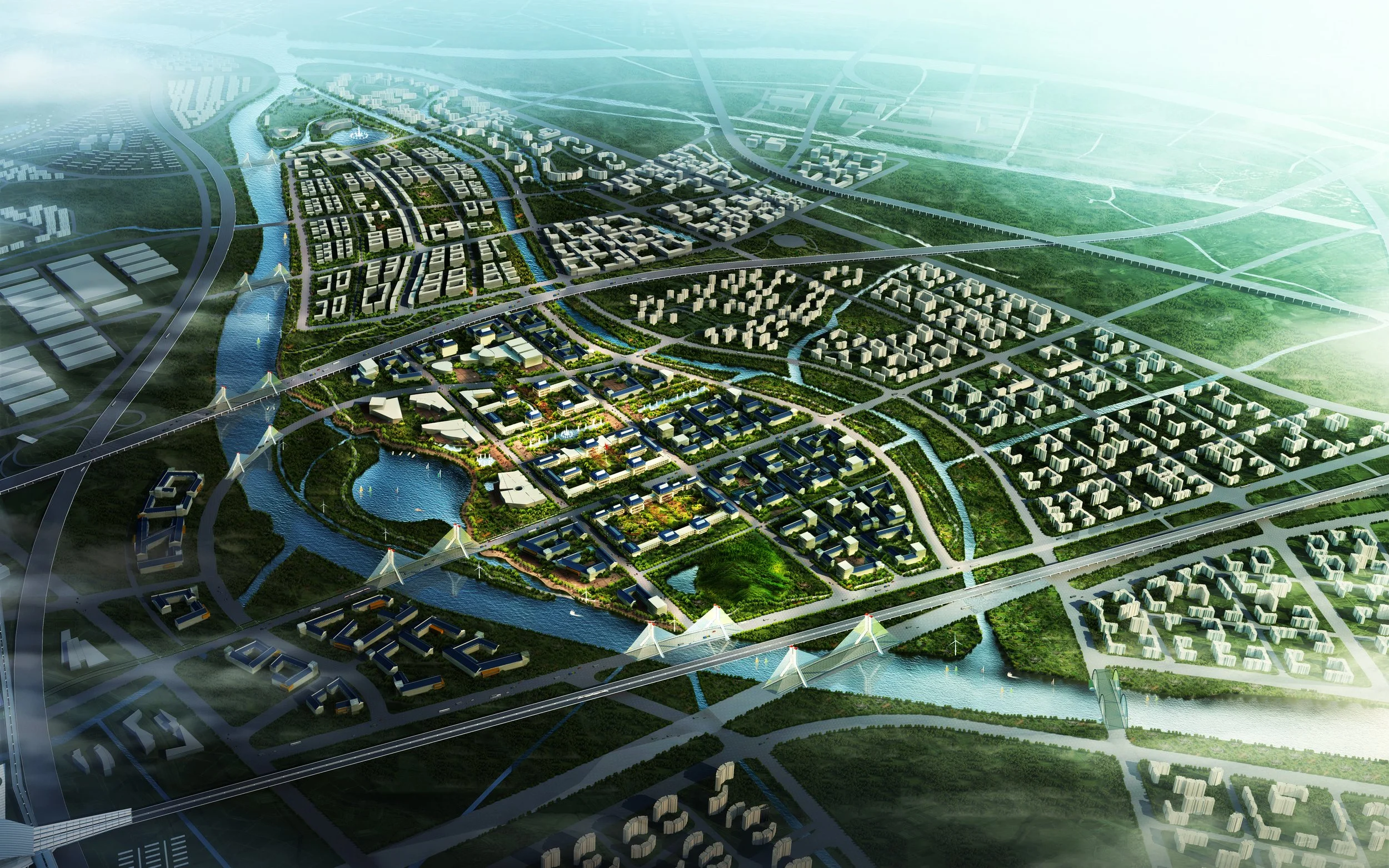 A detailed digital rendering of a modern city with green spaces, waterways, and bridges.