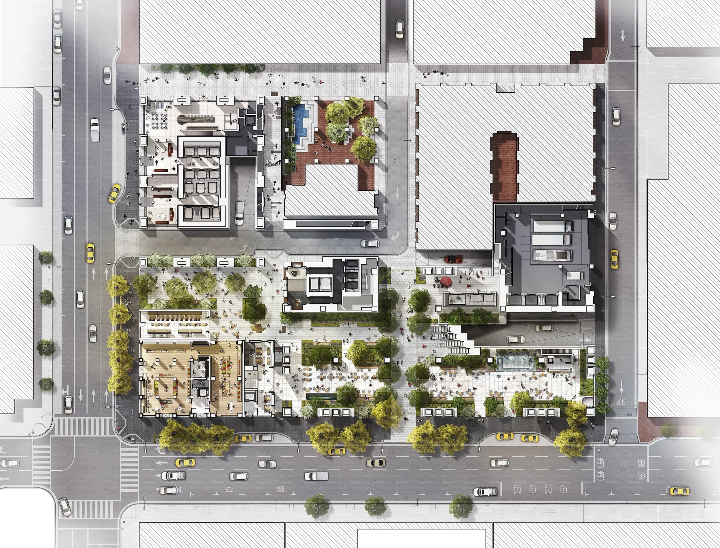 A detailed aerial illustration of an urban city block showing streets, intersections, buildings, green spaces, trees, sidewalks, parking areas, and various outdoor seating areas and amenities.