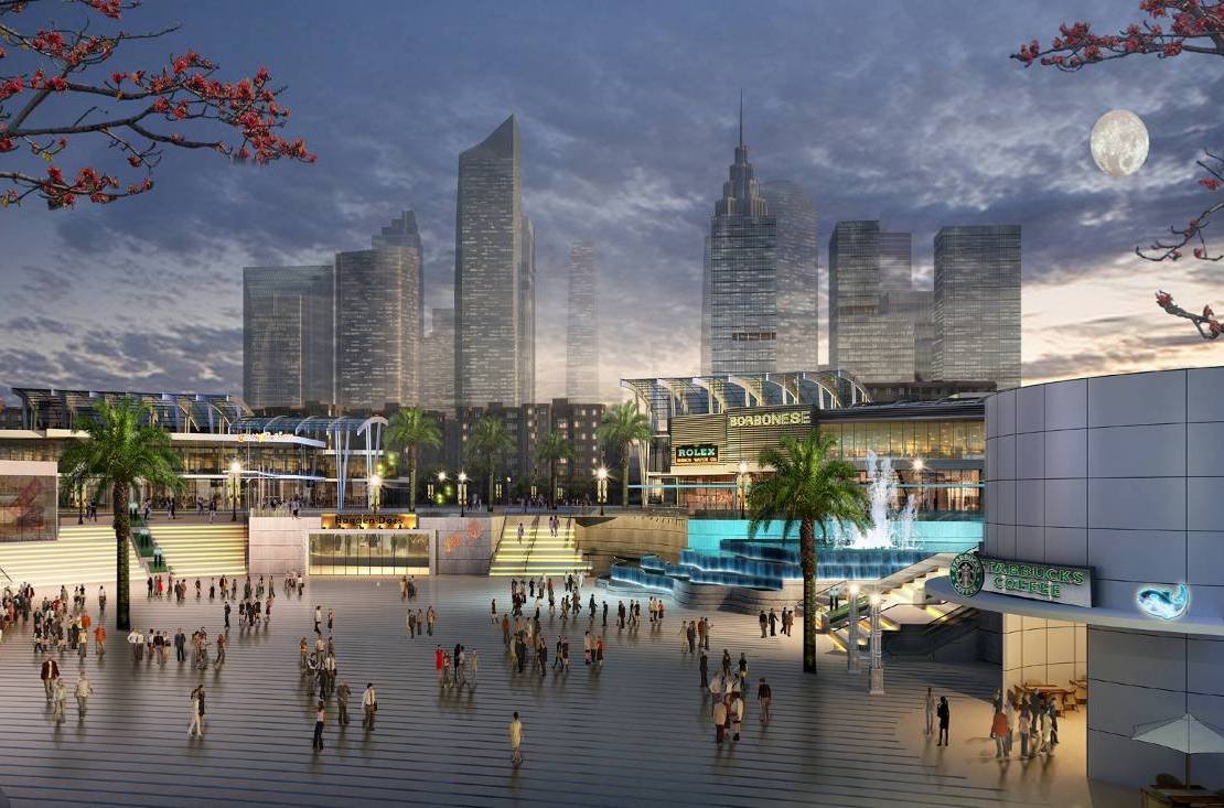 Nighttime scene of a city square with skyscrapers, a fountain, palm trees, and a Starbucks coffee shop, with people walking around under a cloudy sky and a full moon.