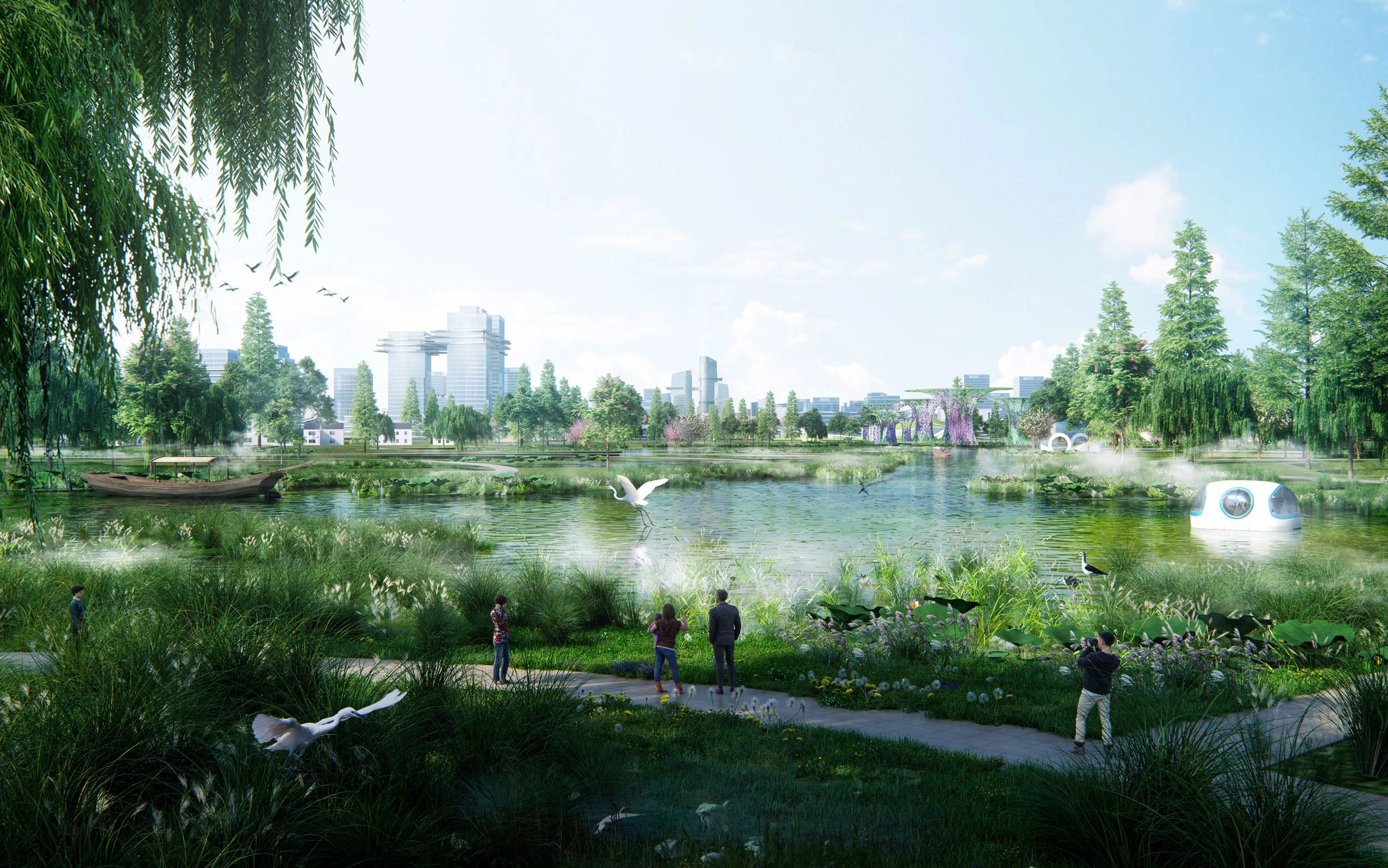 Digital rendering of a futuristic urban park with a large pond, greenery, trees, and modern buildings in the background. People are walking and taking photos near the water. Swans and birds are flying and swimming in the pond.