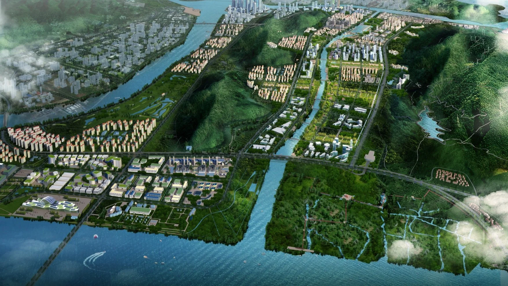 Aerial view of a planned or existing city with river, green mountains, and parks. Contains residential and commercial buildings, roads, and bridges.