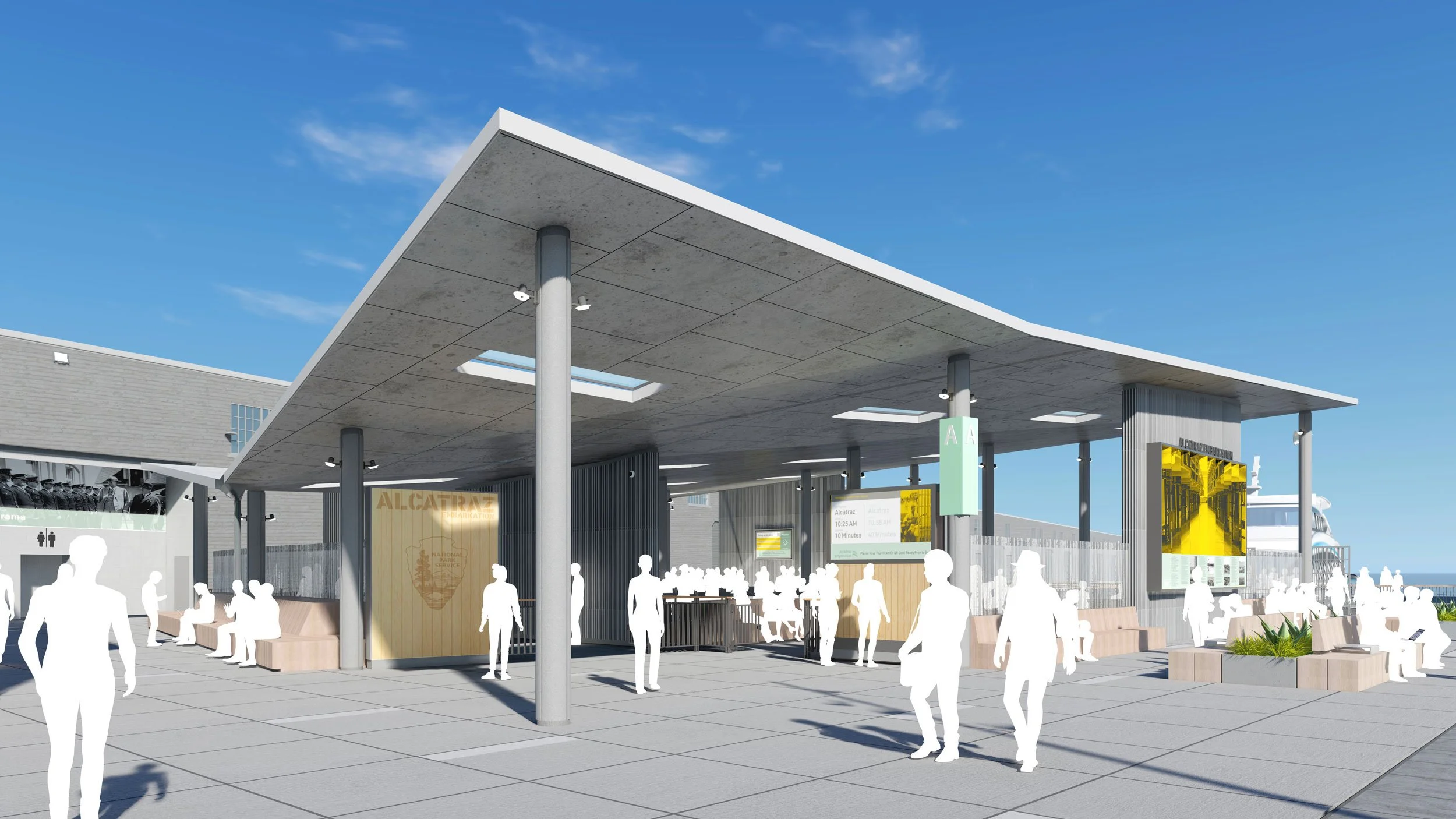 View of Alcatraz ferry terminal with a modern architectural design, featuring a large cantilevered roof, digital signs, seating areas, and passengers waiting outdoors on a clear day.