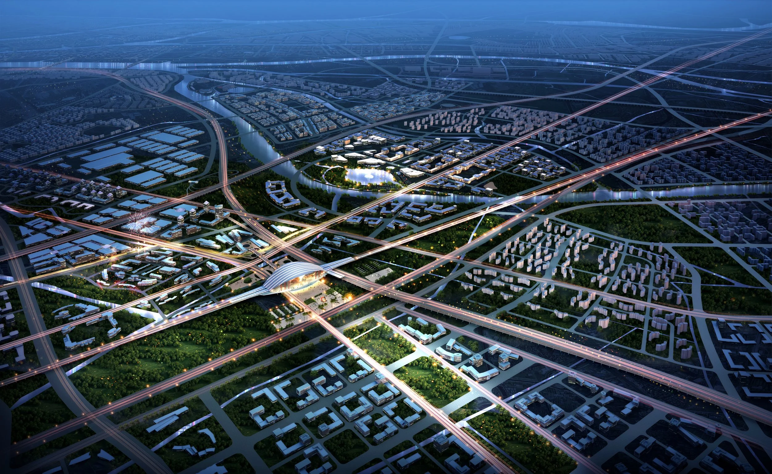 A futuristic cityscape at night with illuminated roads, bridges, and buildings, featuring a prominent circular park with water, travelers, and green spaces.