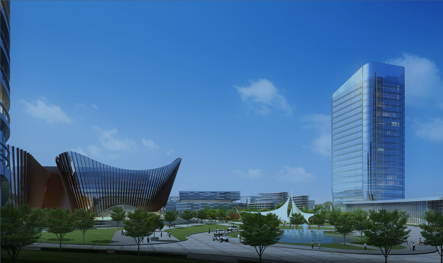 Modern cityscape with a large blue glass high-rise building, an artistic curved building, a park with trees, a fountain, and people walking, under a blue sky with clouds.