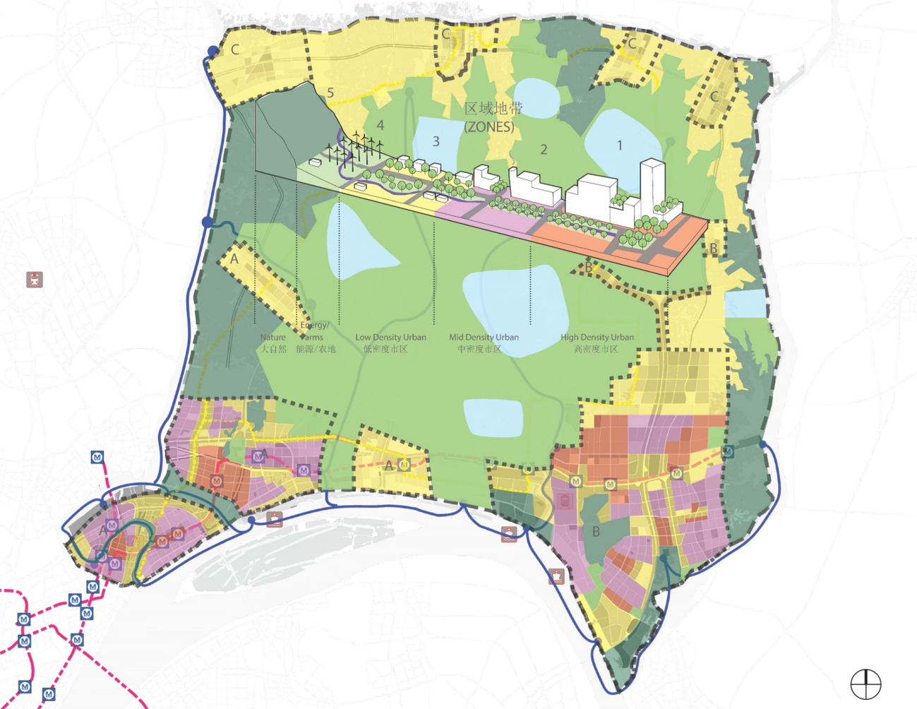 A detailed urban planning map of a large city park, showing zones for different densities of urban development, green spaces, lakes, pathways, transit lines, and various amenities.