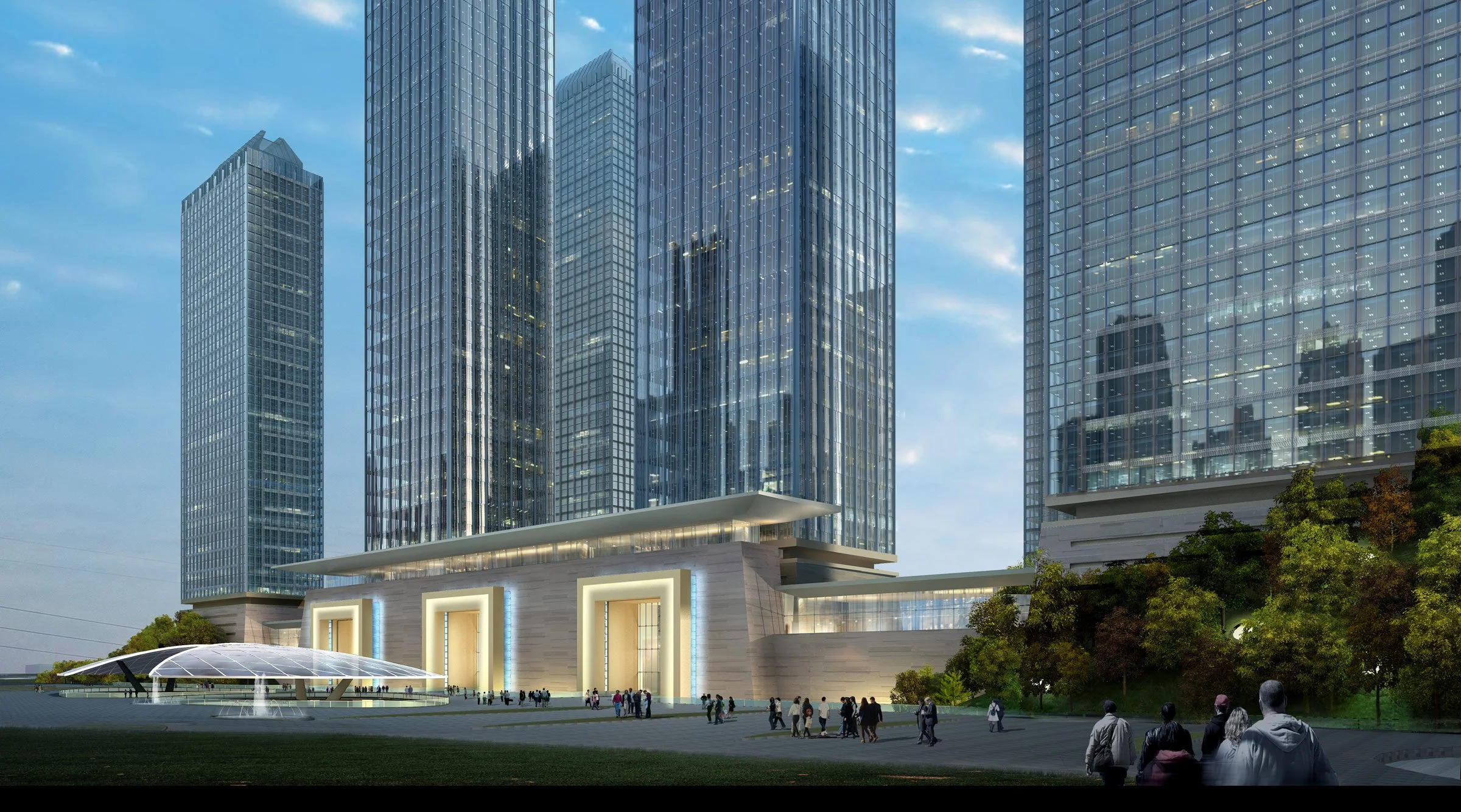 A modern cityscape featuring tall glass skyscrapers with people walking in front of a large building with illuminated entrances and greenery.