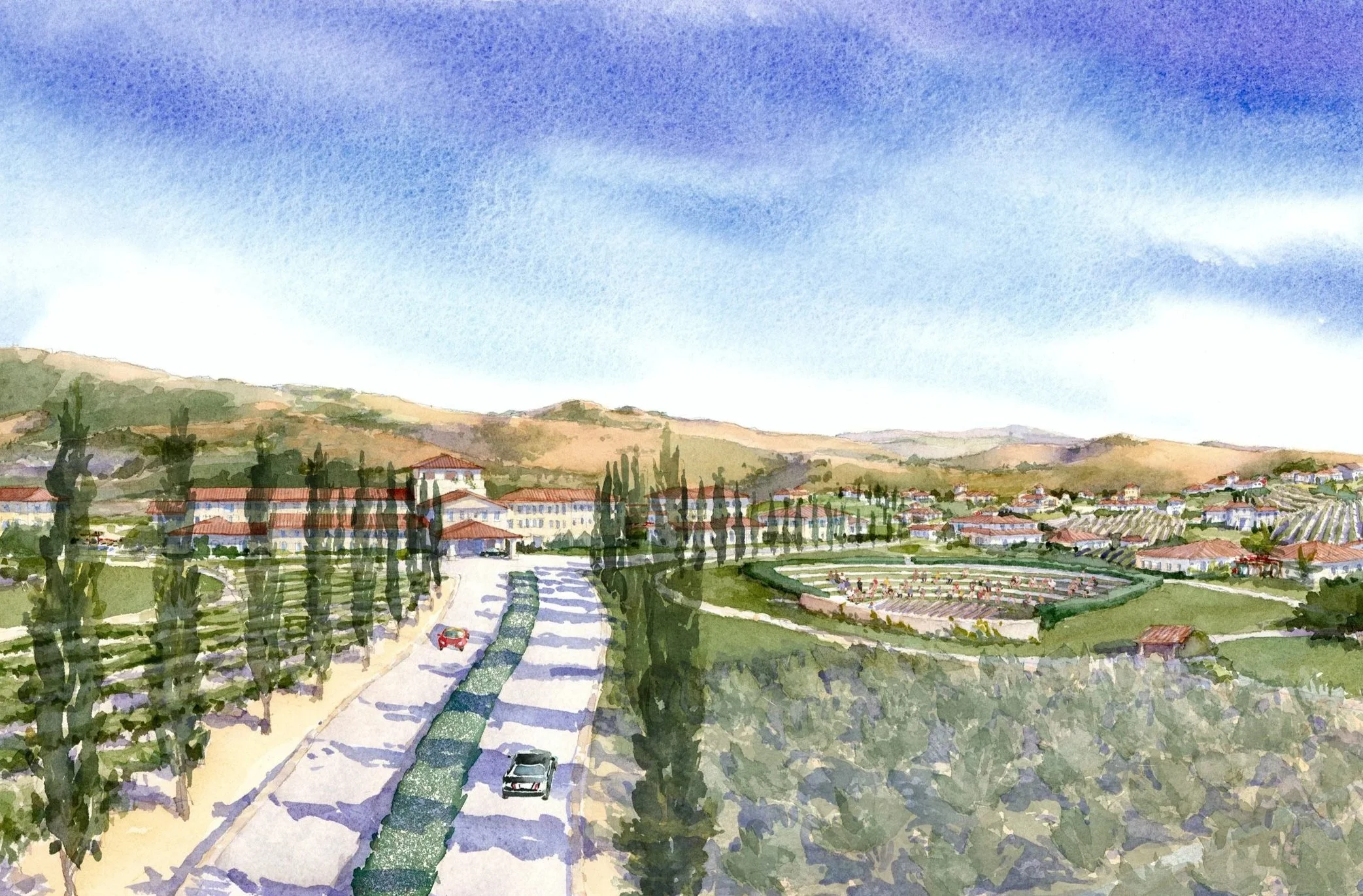 A watercolor painting of a scenic countryside landscape with rolling hills, a village with houses, a road with cars, and a vineyard under a blue sky.