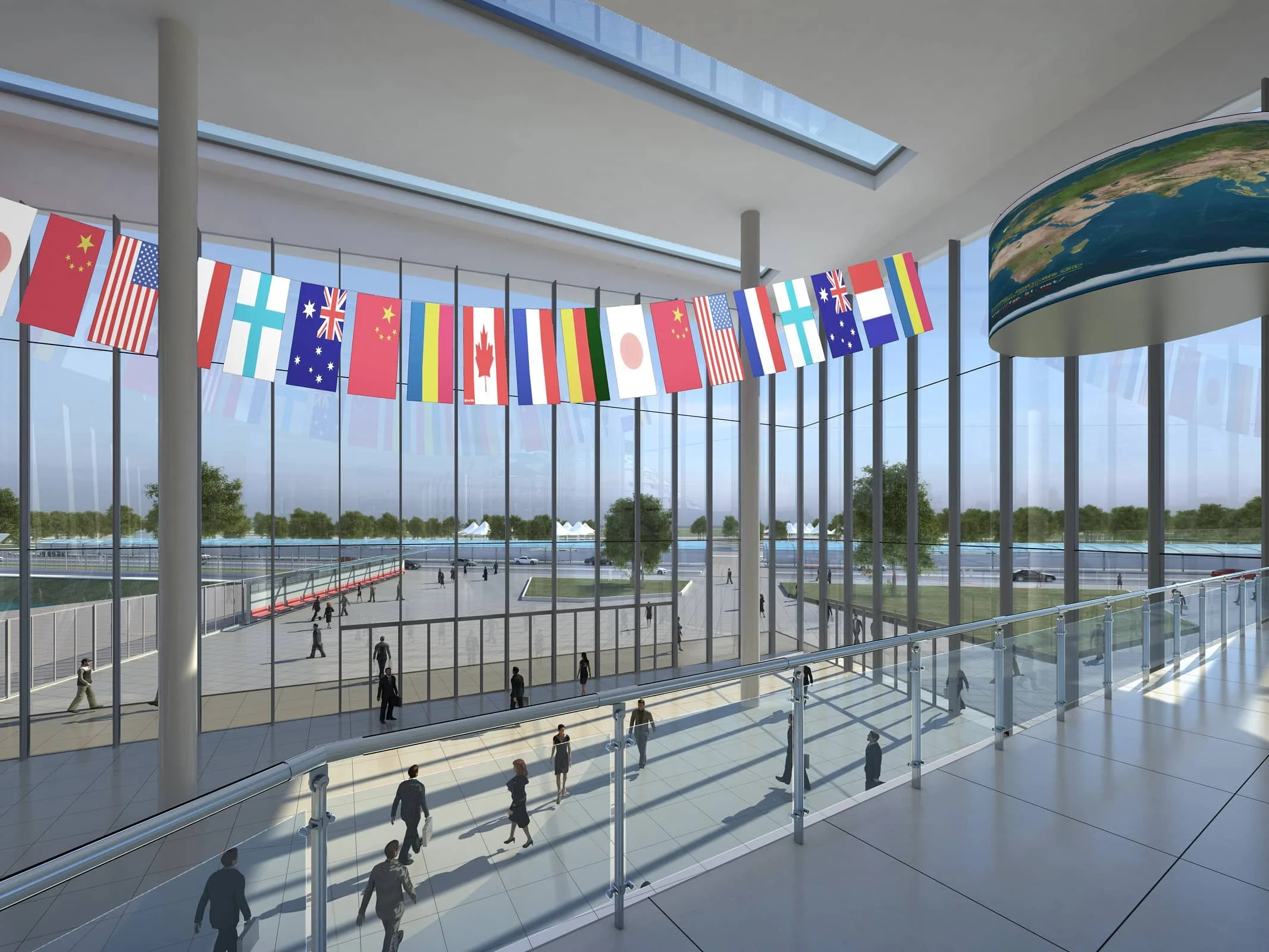 Interior of an airport terminal with large glass windows, flags from different countries hanging from the ceiling, and people walking inside.