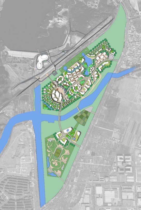 A detailed map of a planned community or development area featuring residential buildings, parks, lakes, and roads, with a river running through the area.