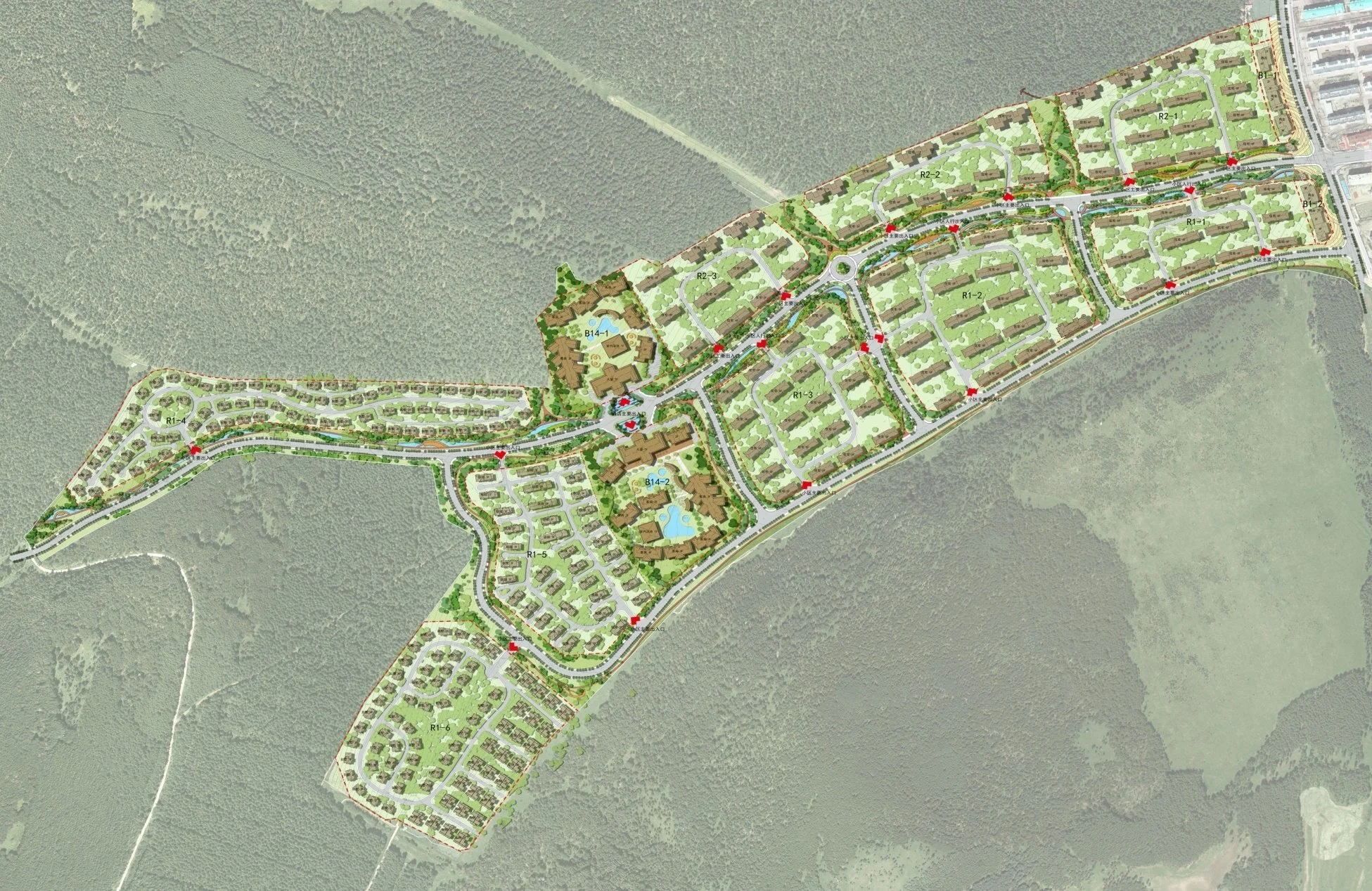 A detailed color map of a residential community development with various houses, roads, green spaces, and amenities such as pools and parks, set against a background of wooded areas.