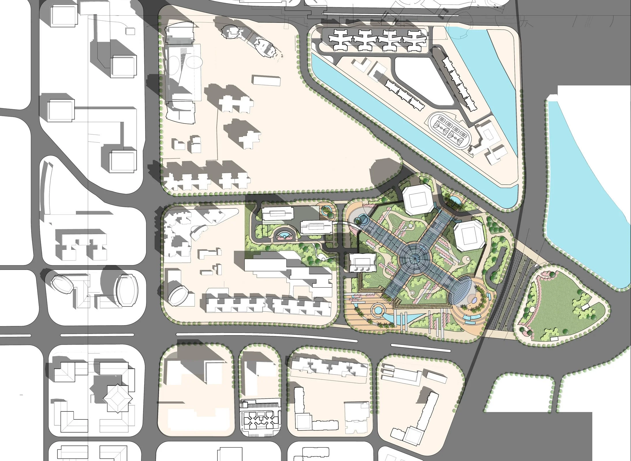 A detailed urban planning map showing buildings, roads, green spaces, water features, and recreational areas in a city layout.