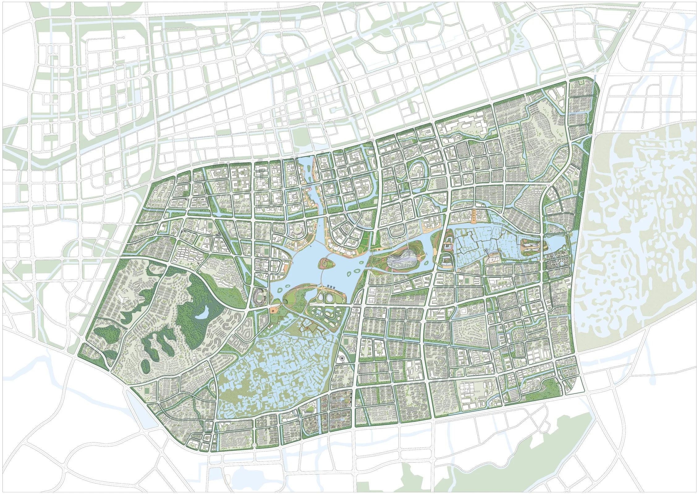 Map of an urban park with lakes, green spaces, pathways, and nearby streets and neighborhoods.