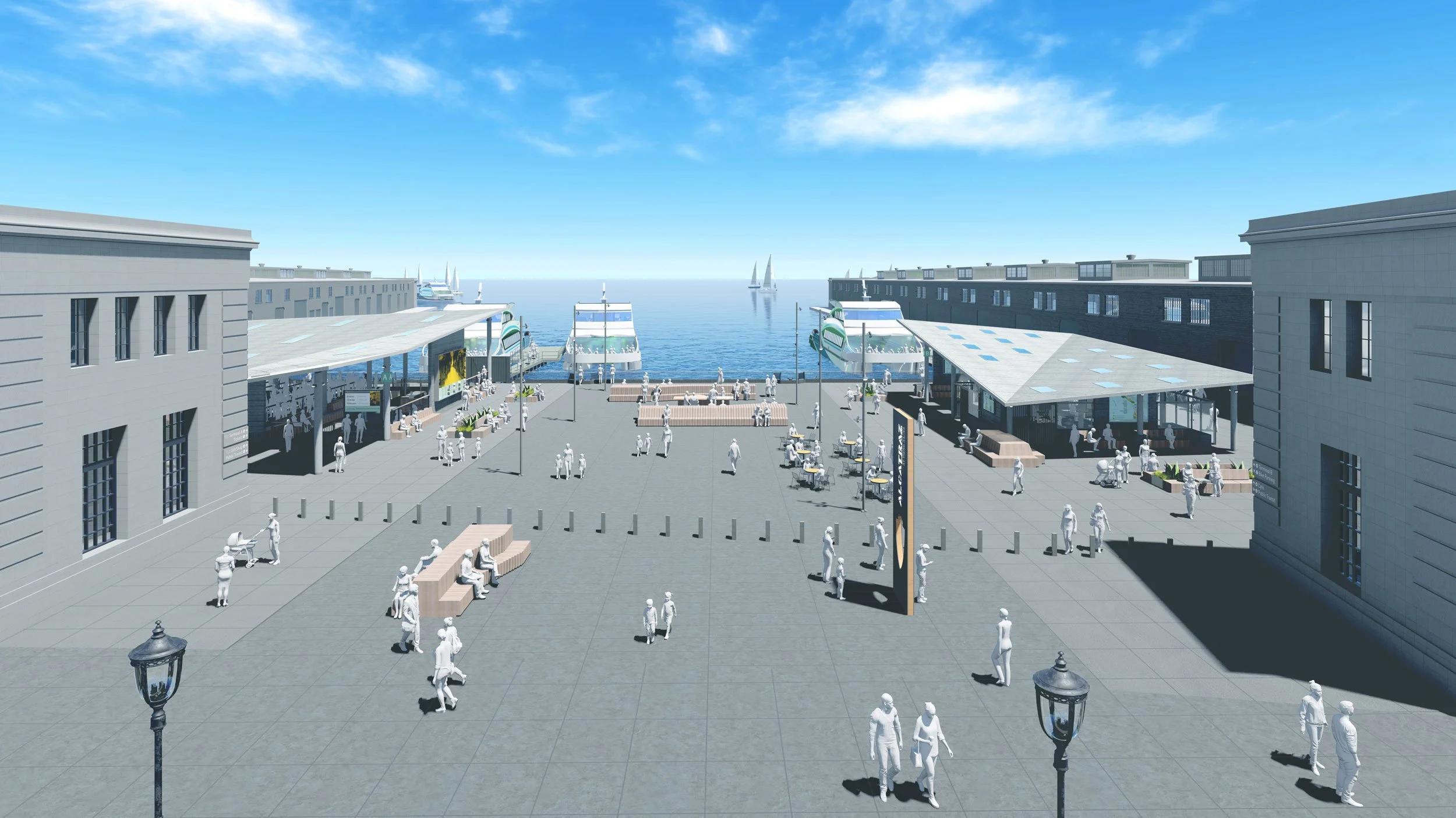 Digital rendering of a harbor view with boats and sailboats on the water, outdoor seating, and people walking near modern buildings under a partly cloudy sky.