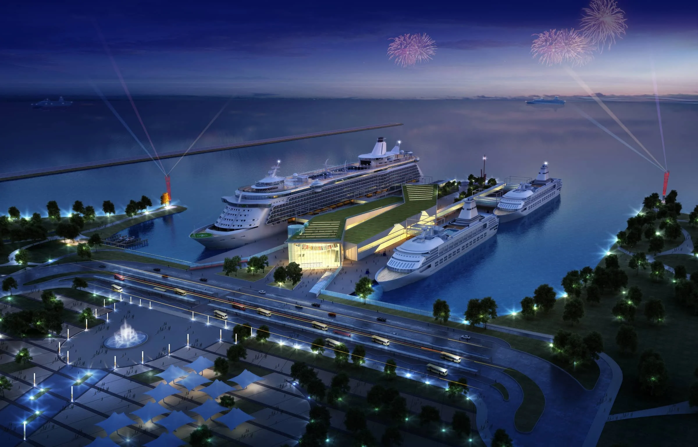 Night view of a cruise ship port with three large illuminated cruise ships docked, surrounded by water, trees, and a nearby parking area with lanes and streetlights.