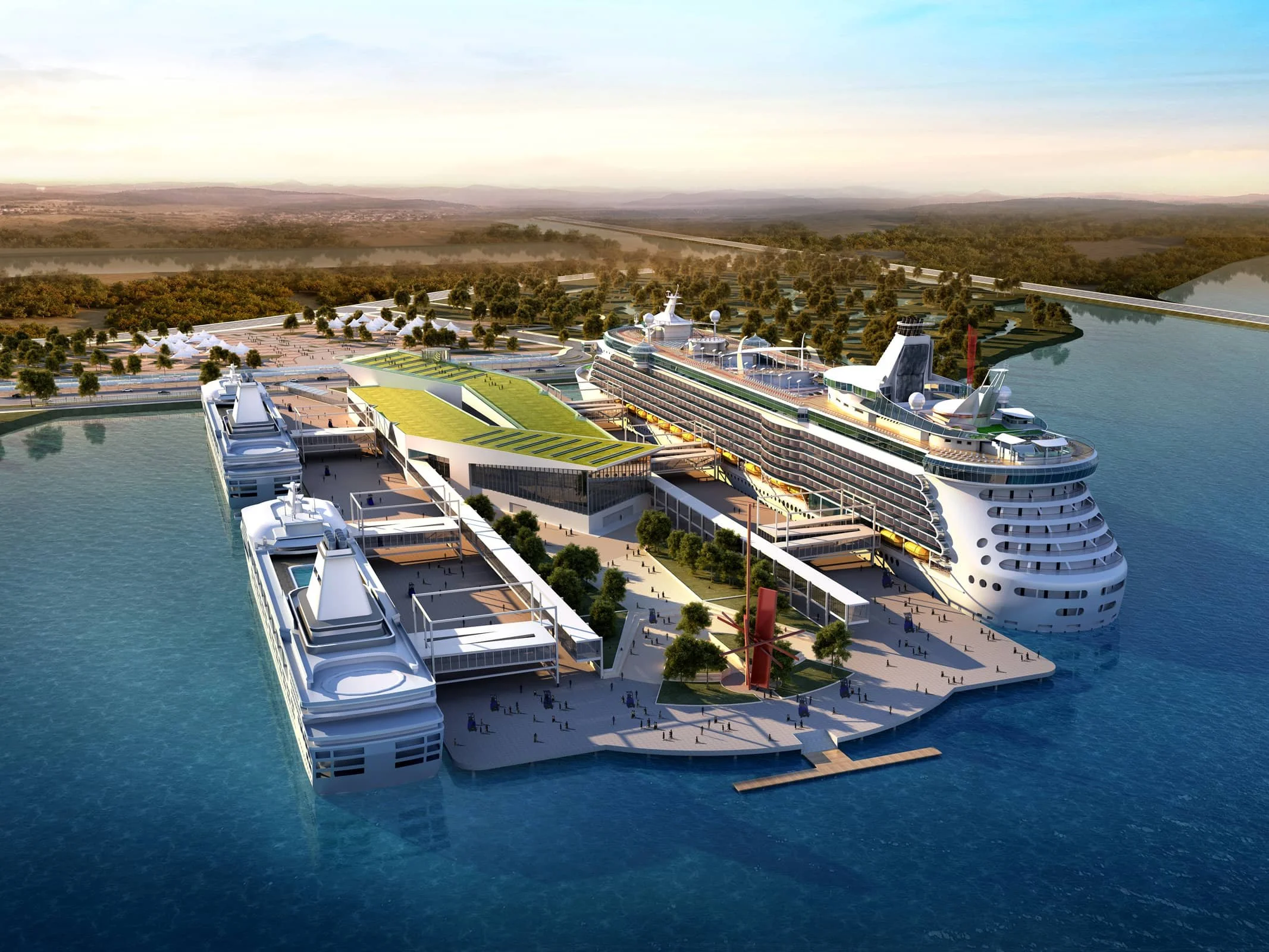 Artist's rendering of a large cruise ship docked at a modern port with trees and landscape in the background.