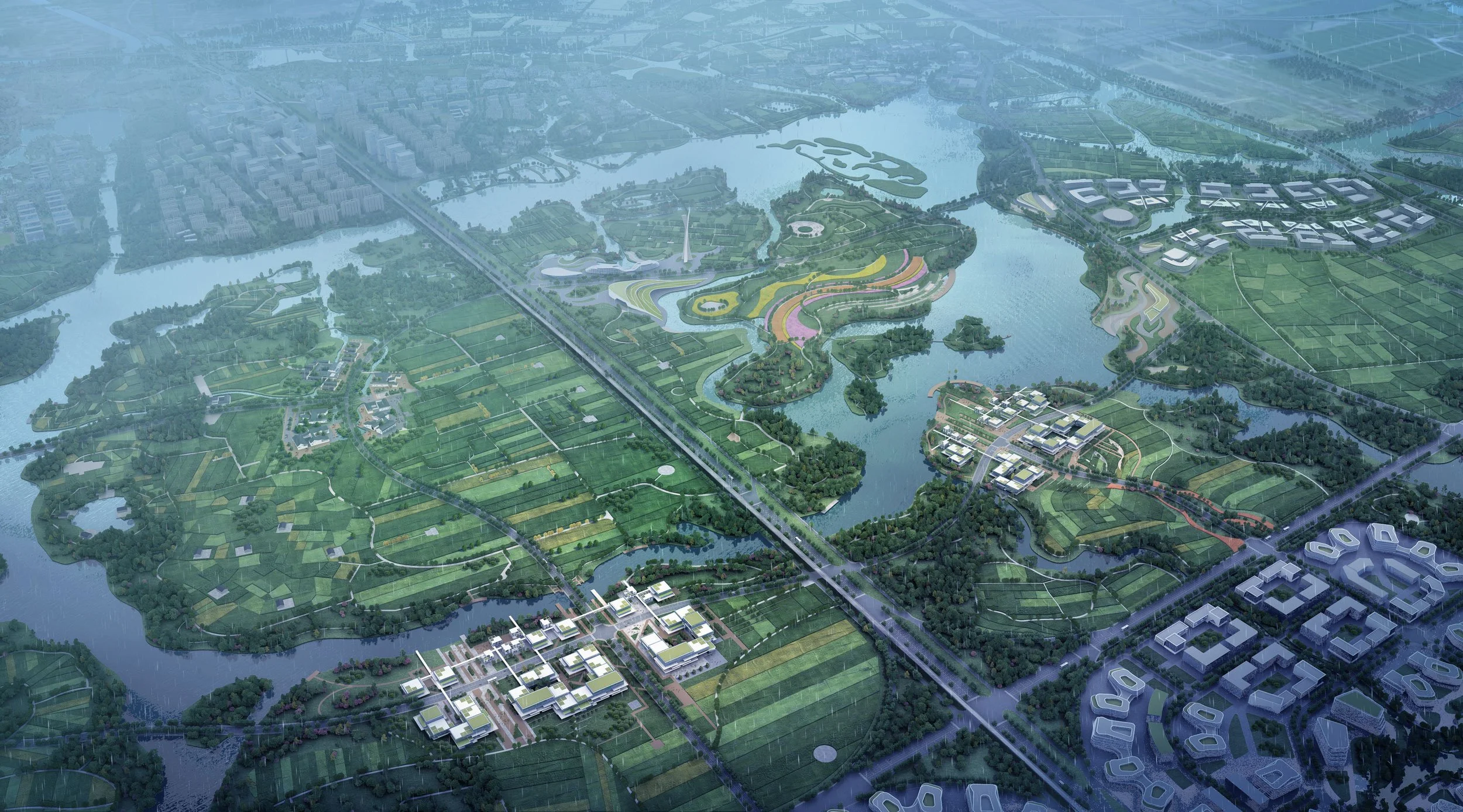 Aerial view of an expansive urban park with water features, walking paths, green fields, and modern buildings surrounded by roads and infrastructure.