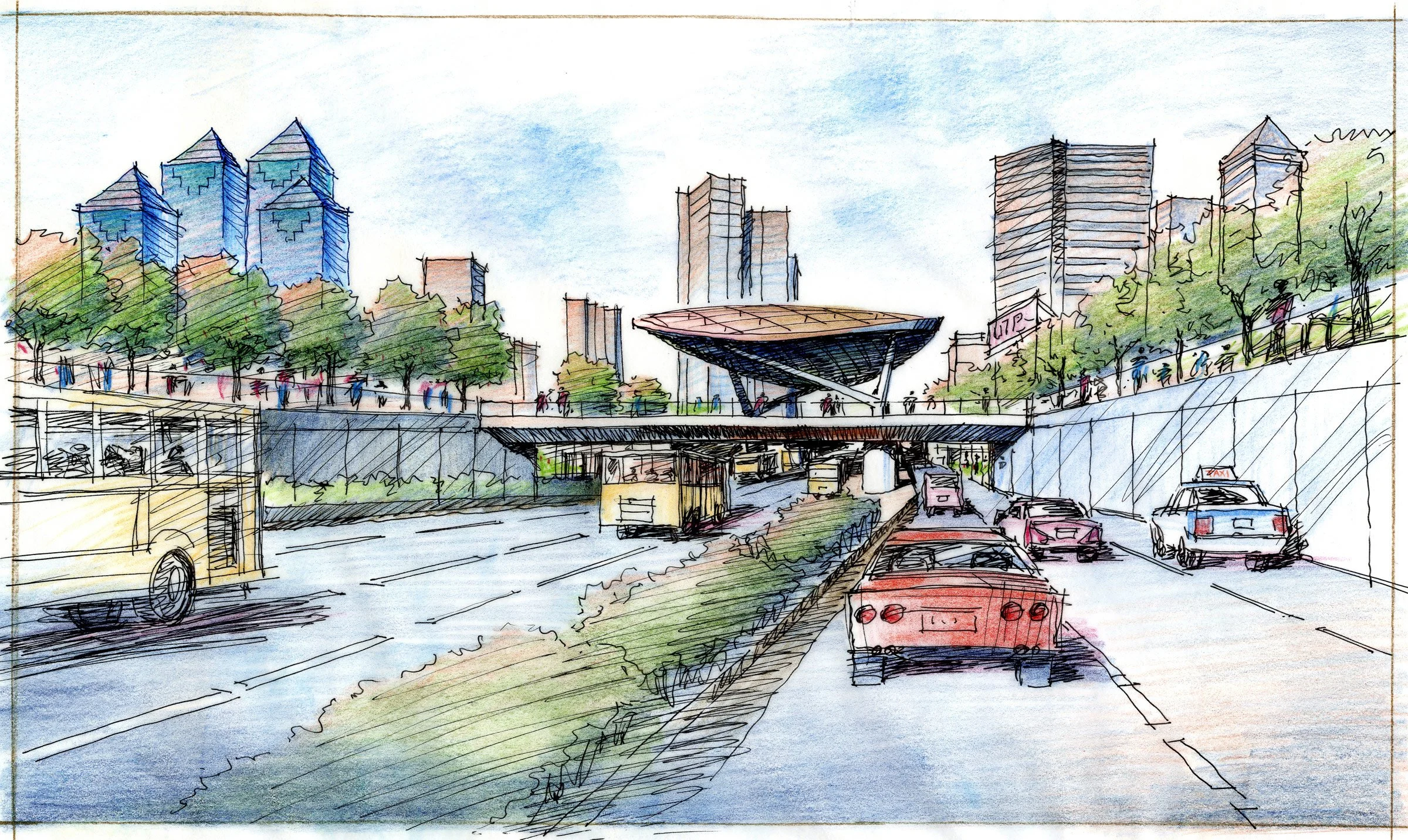 A colorful sketch of an urban street scene with cars, buses, and pedestrians, modern buildings in the background, and a central structure with a unique roof design.