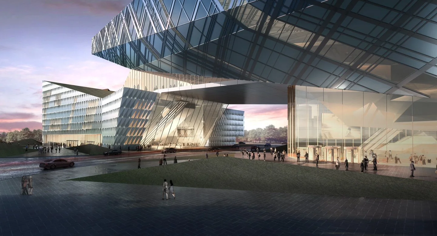 Architectural rendering of a modern, futuristic building with glass facades, a large overhanging structure, and people walking around the entrance during sunset.