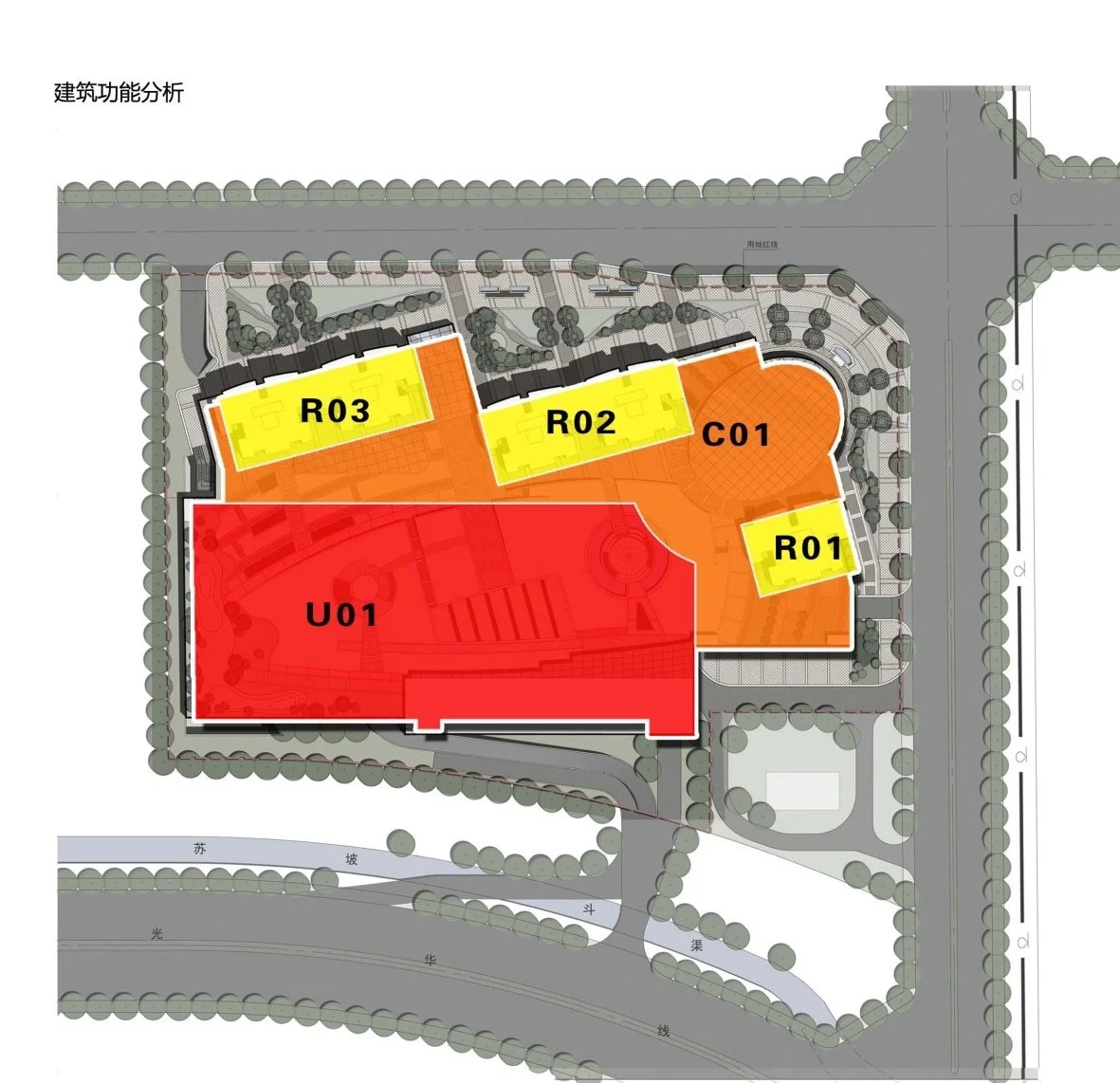 A site plan of a building complex with color-coded sections labeled R01, R02, R03, and U01, surrounded by roads, trees, and parking areas.