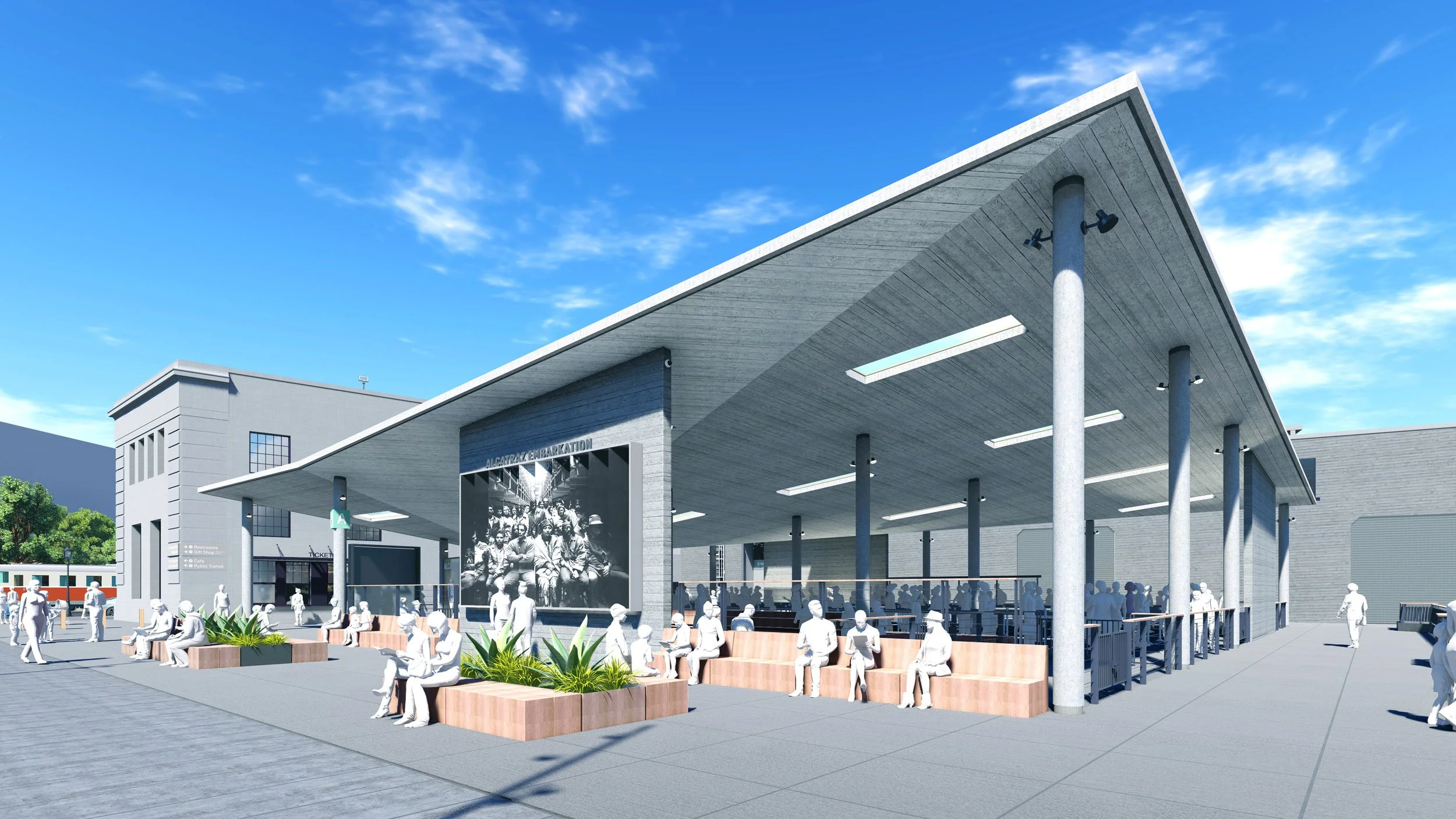 A modern train station with a large roof, outdoor seating, some vegetation, and people waiting.