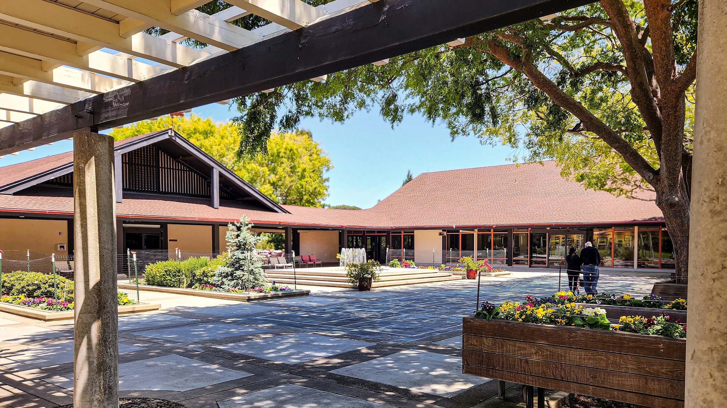 A courtyard with potted flowers, trees, and a building with large windows and a sloped roof, under a wooden pergola.