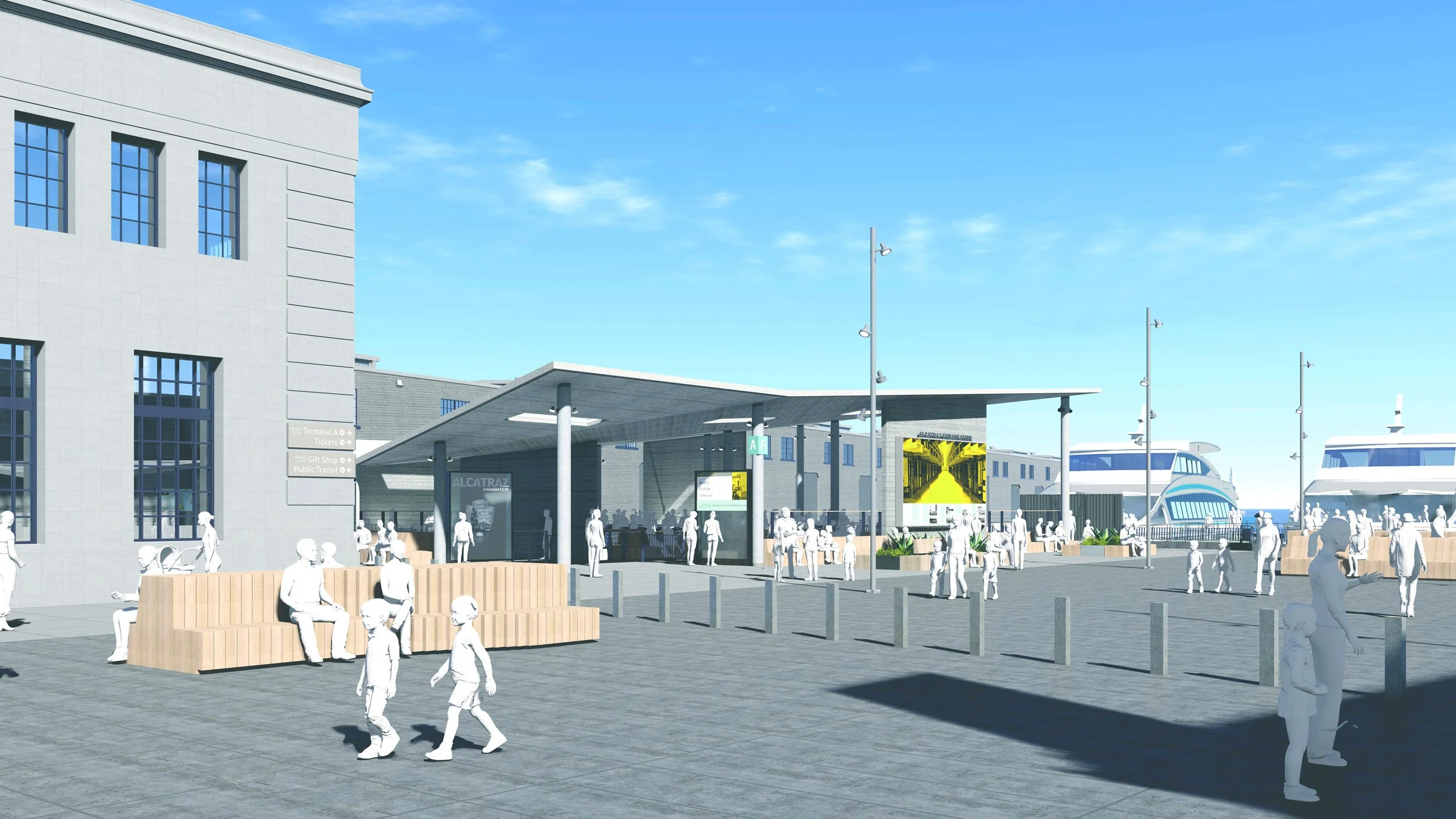 A busy outdoor harbor area with several boats and ships docked, people walking and sitting, modern buildings, and clear blue sky.