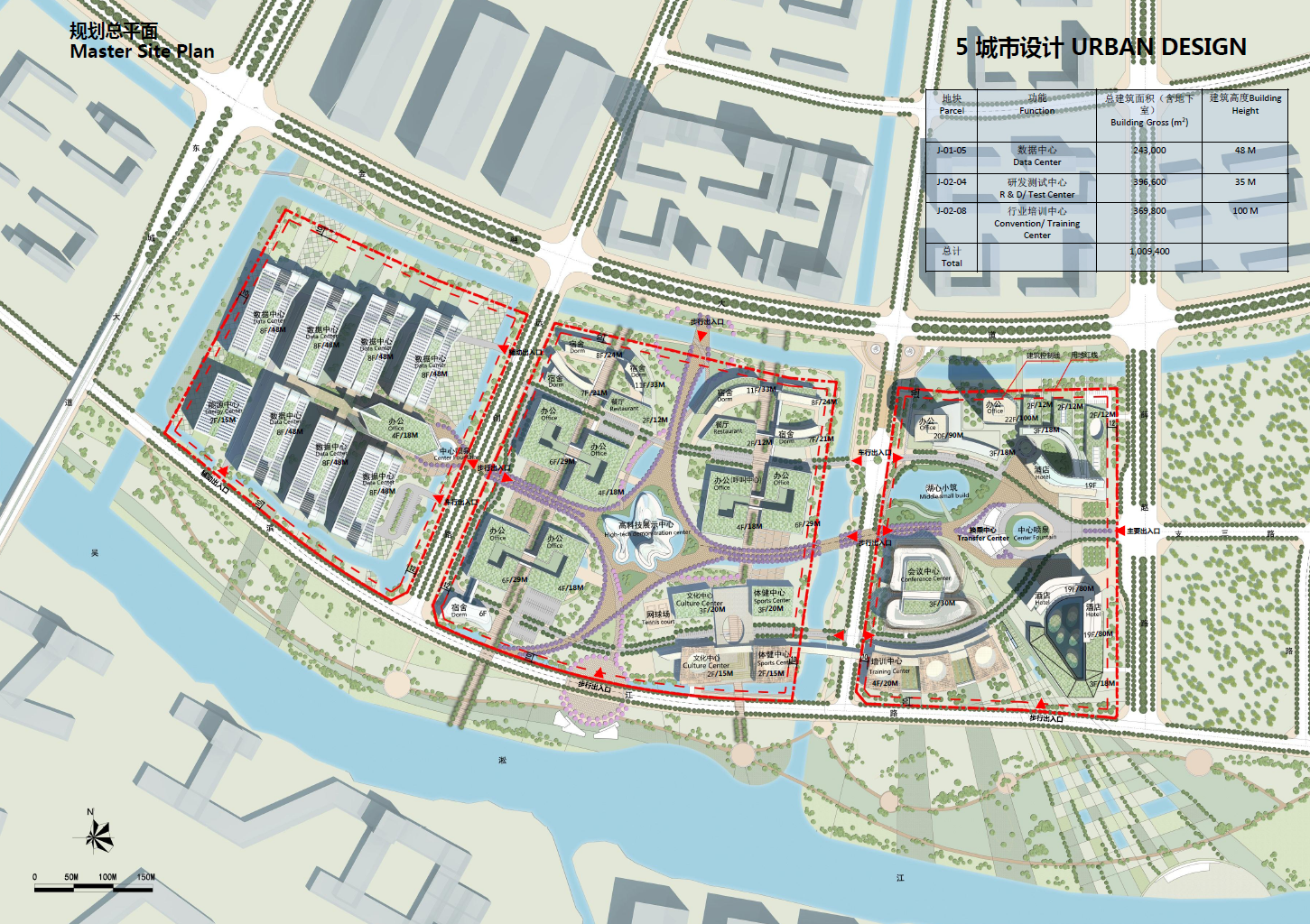 A detailed urban master site plan showing buildings, water features, roads, pathways, and green spaces, with labels in Chinese and English. The plan includes a legend with building functions, parcel information, and construction details, along with a