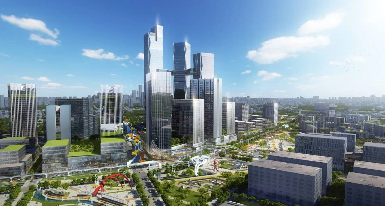 A digital rendering of a modern cityscape with tall skyscrapers, a landscaped park with pathways and green spaces, and unique architectural structures under a blue sky with scattered clouds.