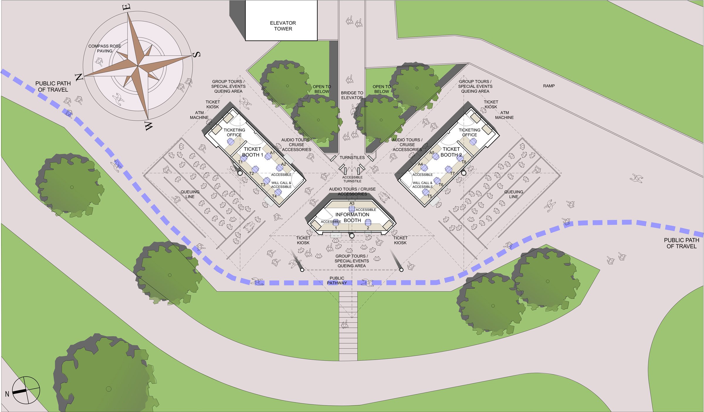 Site plan of a visitor center with ticket booths, information booth, green spaces with trees, pathways marked as public pathways, bike racks, and an elevator tower. There is a compass rose indicating north at the top left.