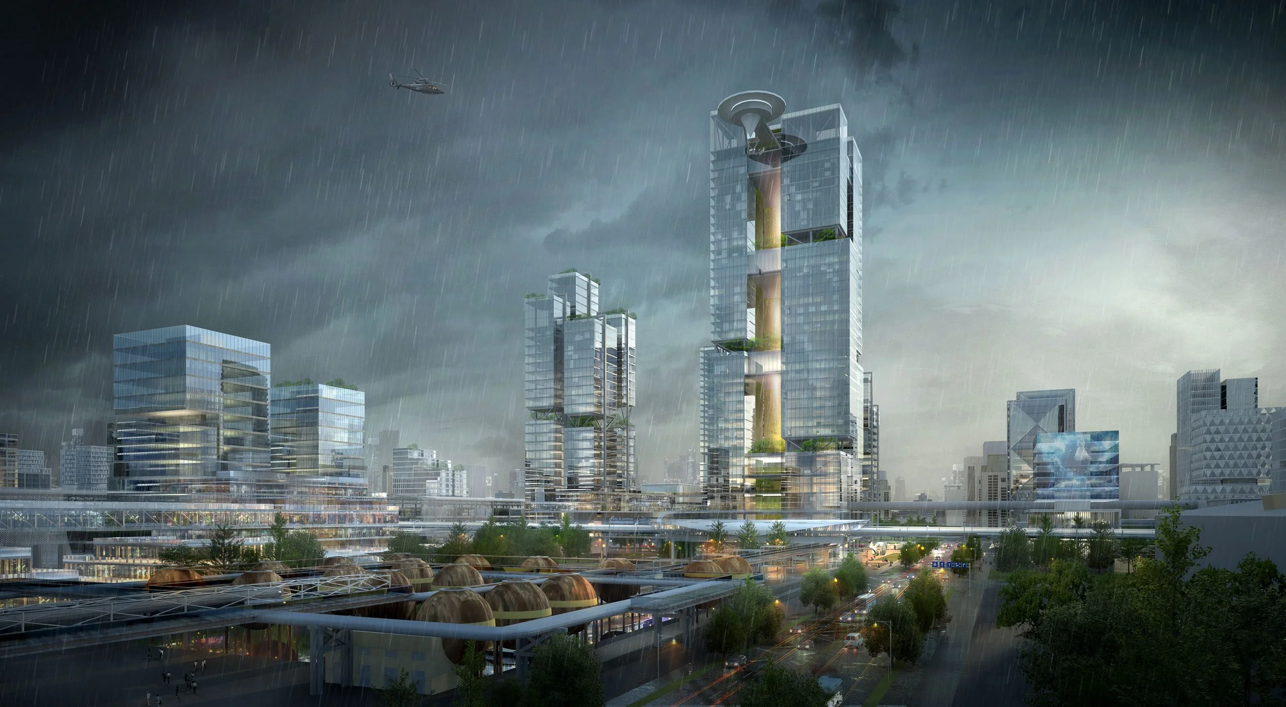 A futuristic cityscape with tall, modern skyscrapers during a rainstorm, with a helicopter flying in the cloudy sky.