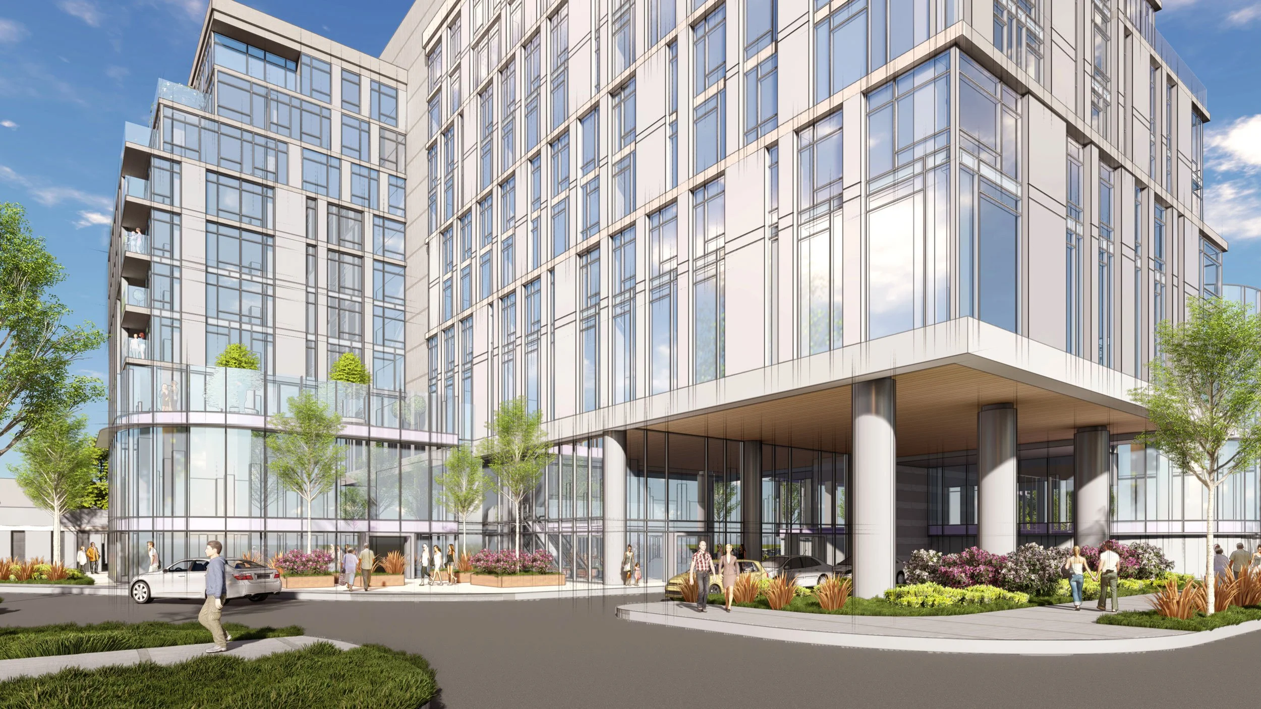 Rendering of a modern multi-story office or residential building with glass exterior, landscaped entrance, and people walking nearby.