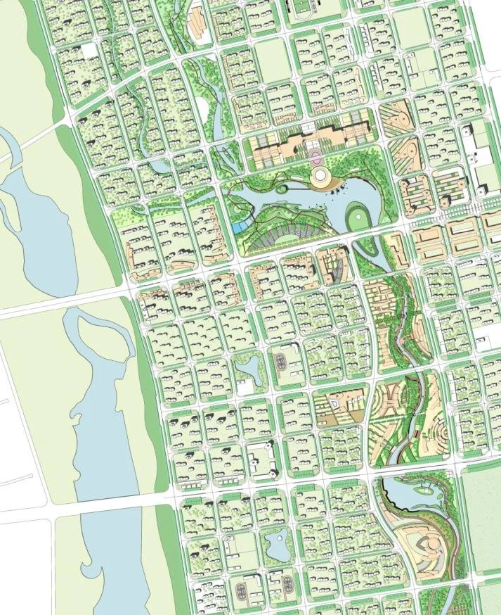 A detailed city map with roads, green parks, lakes, and residential areas.
