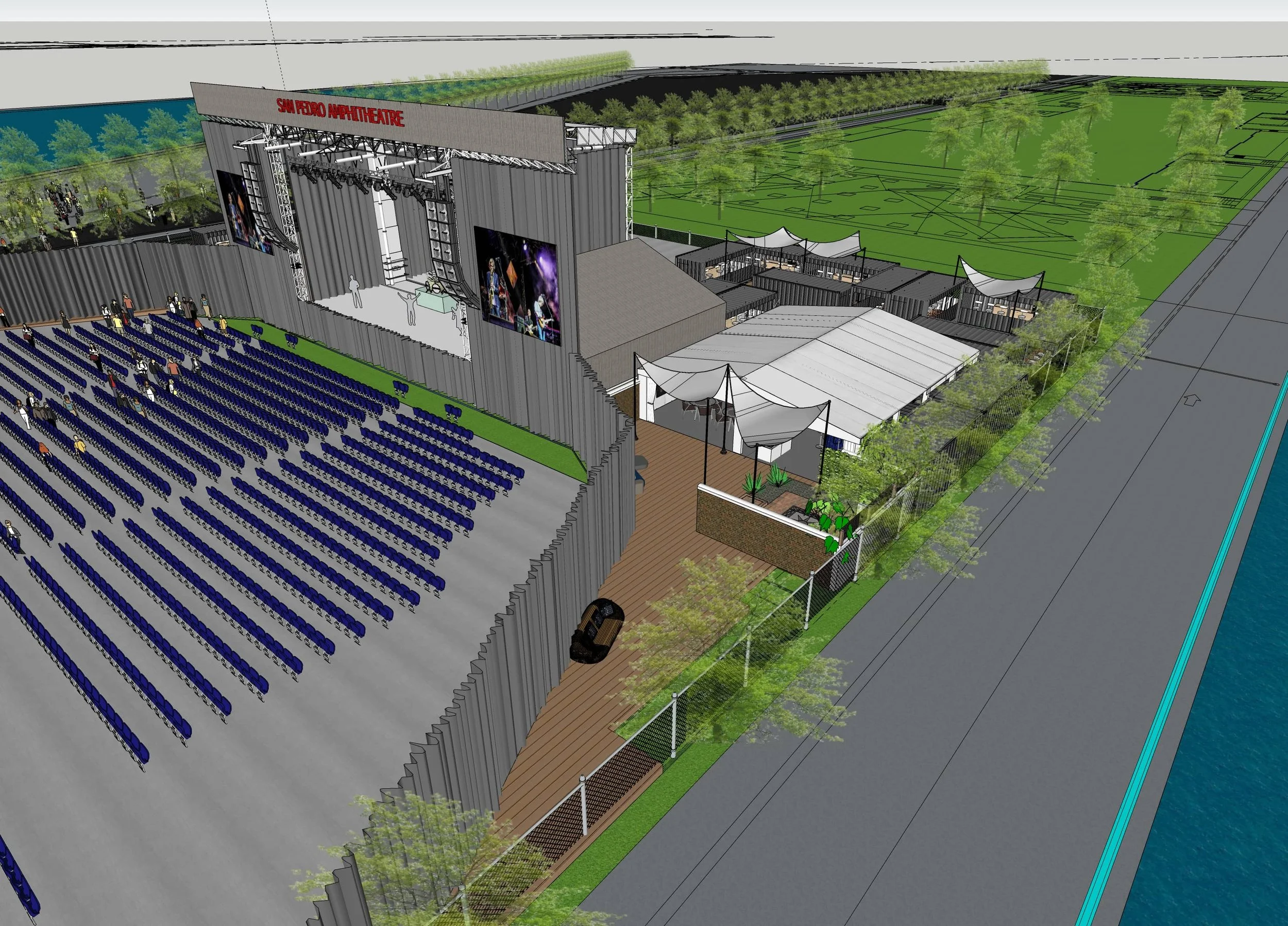 A 3D rendering of the San Pedro Amphitheatre, showing an outdoor stage with large screens, tiered seating with blue chairs, and event tents near a green landscape with trees and a parking lot.