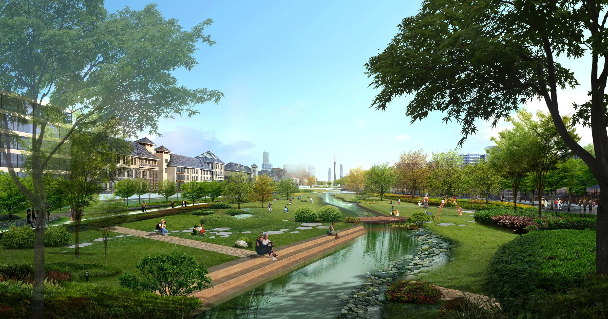 A park with green grass, trees, a water stream, and people walking, sitting, and playing games. Modern buildings are visible in the background under a blue sky.