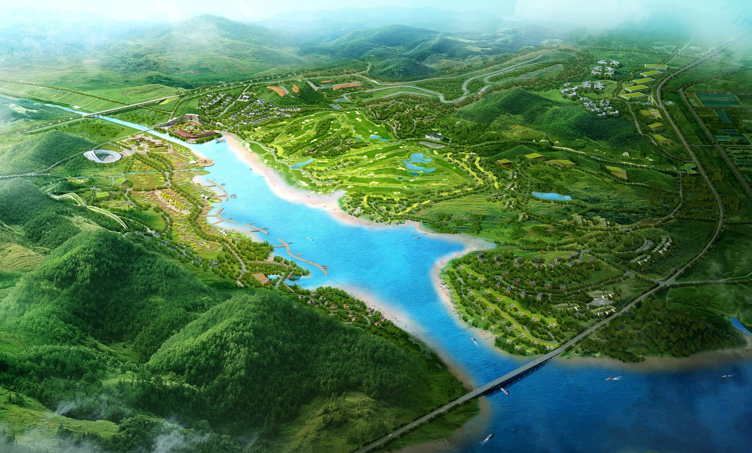 A colorful illustration of a large, scenic landscape with a winding blue river, green hills, forests, a bridge, and various buildings and infrastructure.