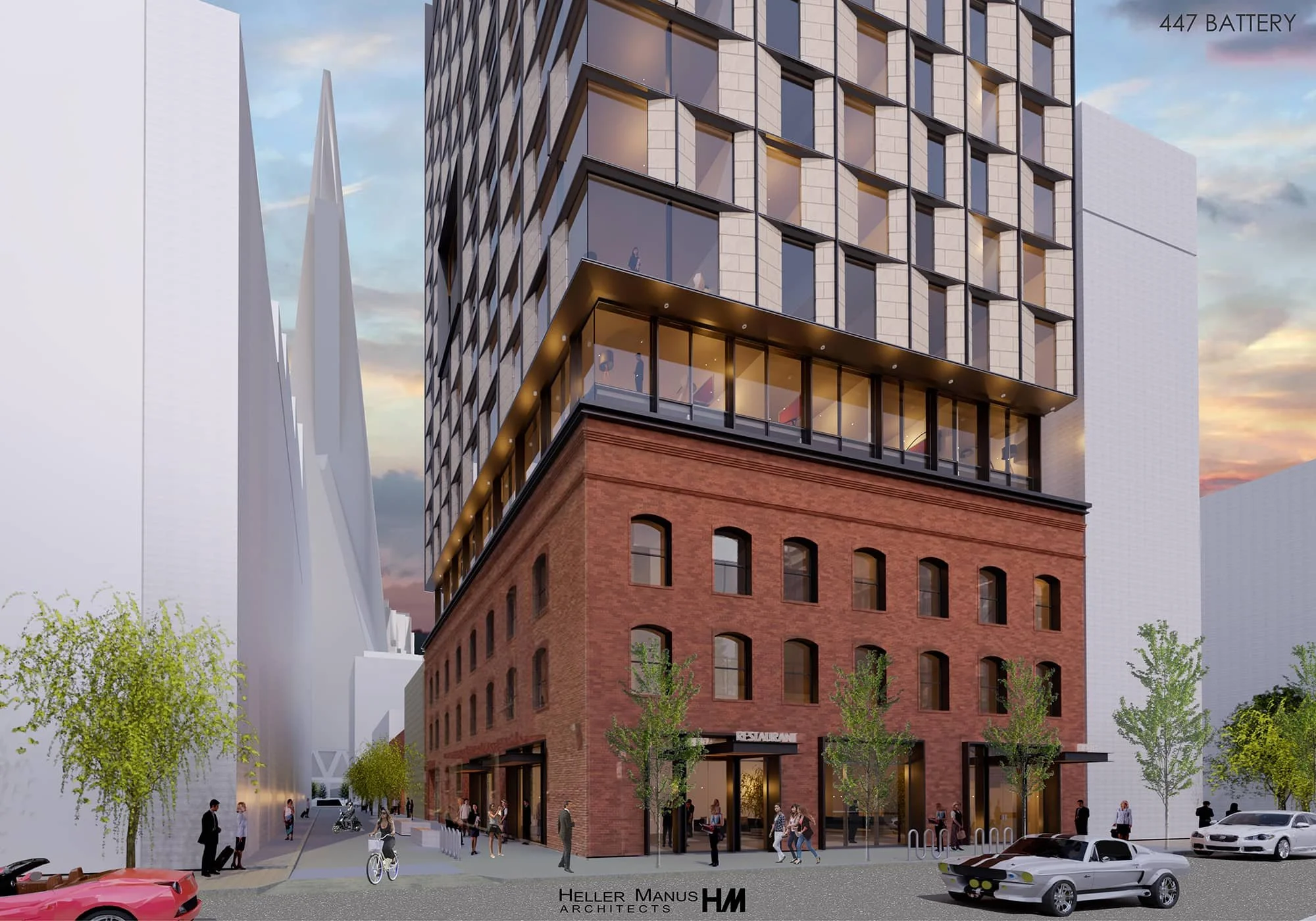 A modern mixed-use building with a brick lower section and a glass upper section. The street scene includes people walking, bicycles, and several parked cars, with trees lining the sidewalk. The sky is partly cloudy.