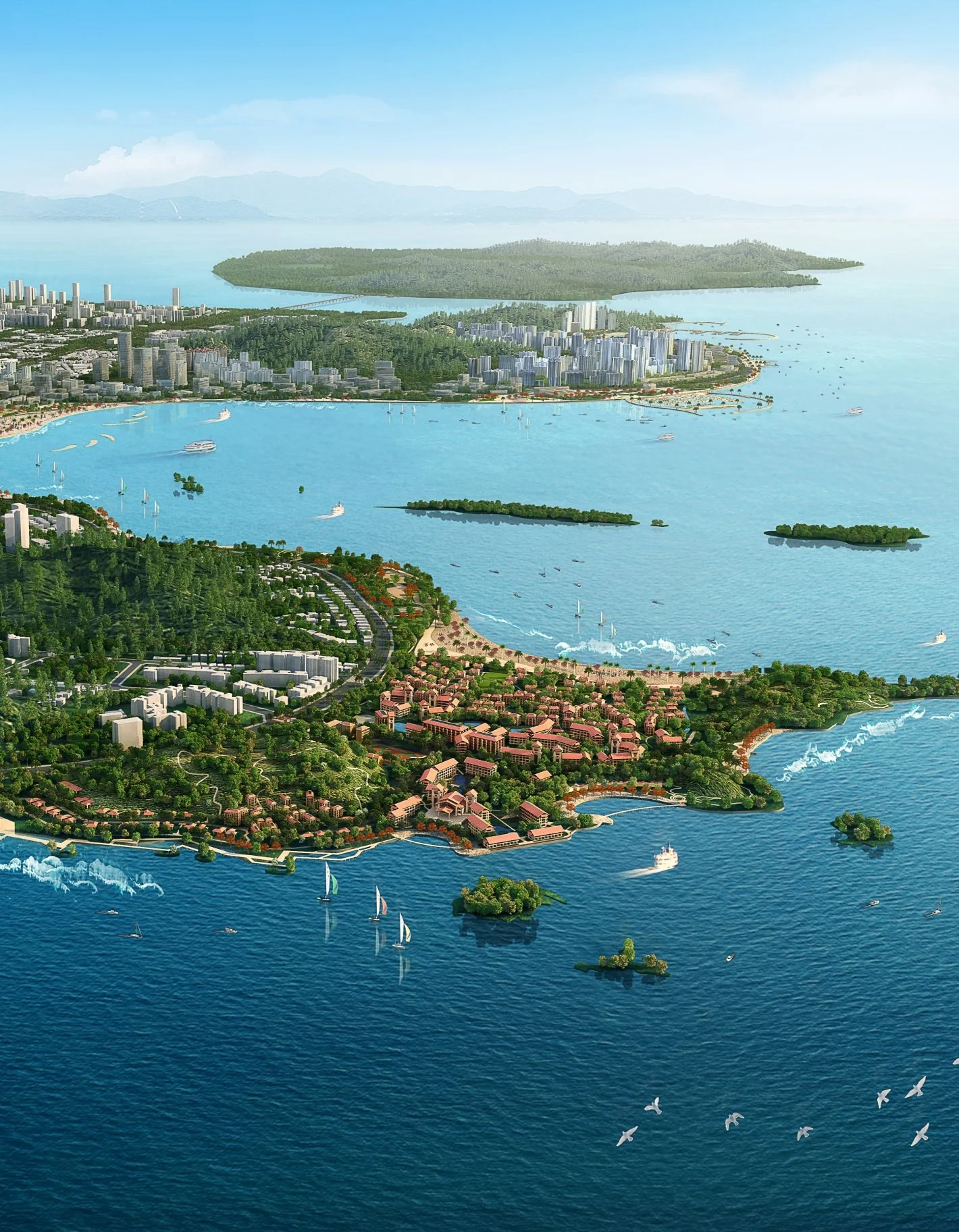 Aerial view of a coastal city with a large bay, multiple sailboats, high-rise buildings, green spaces, and small islands in the water.