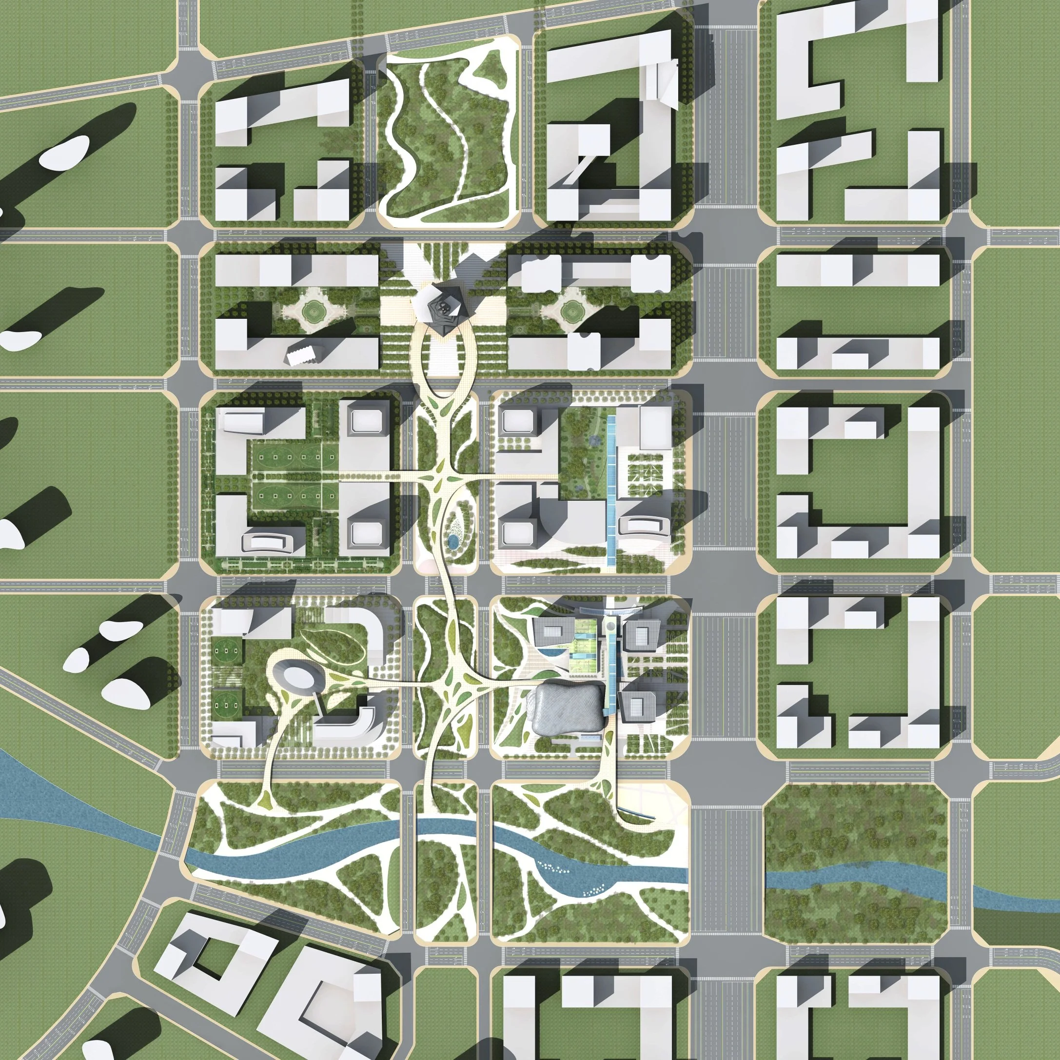 A detailed city plan with roads, green parks, water features, and various buildings, showcasing an urban layout with interconnected streets, landscaped areas, and recreational spaces.