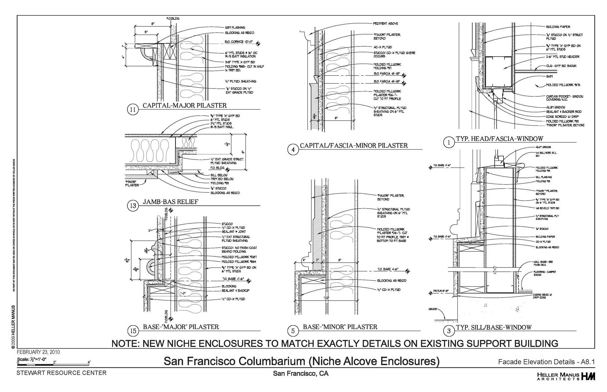 Architectural detail drawings of niche alcove enclosures, including sections of plaster, framing, and window details, for the San Francisco Columbarium, with notes on construction specifications.