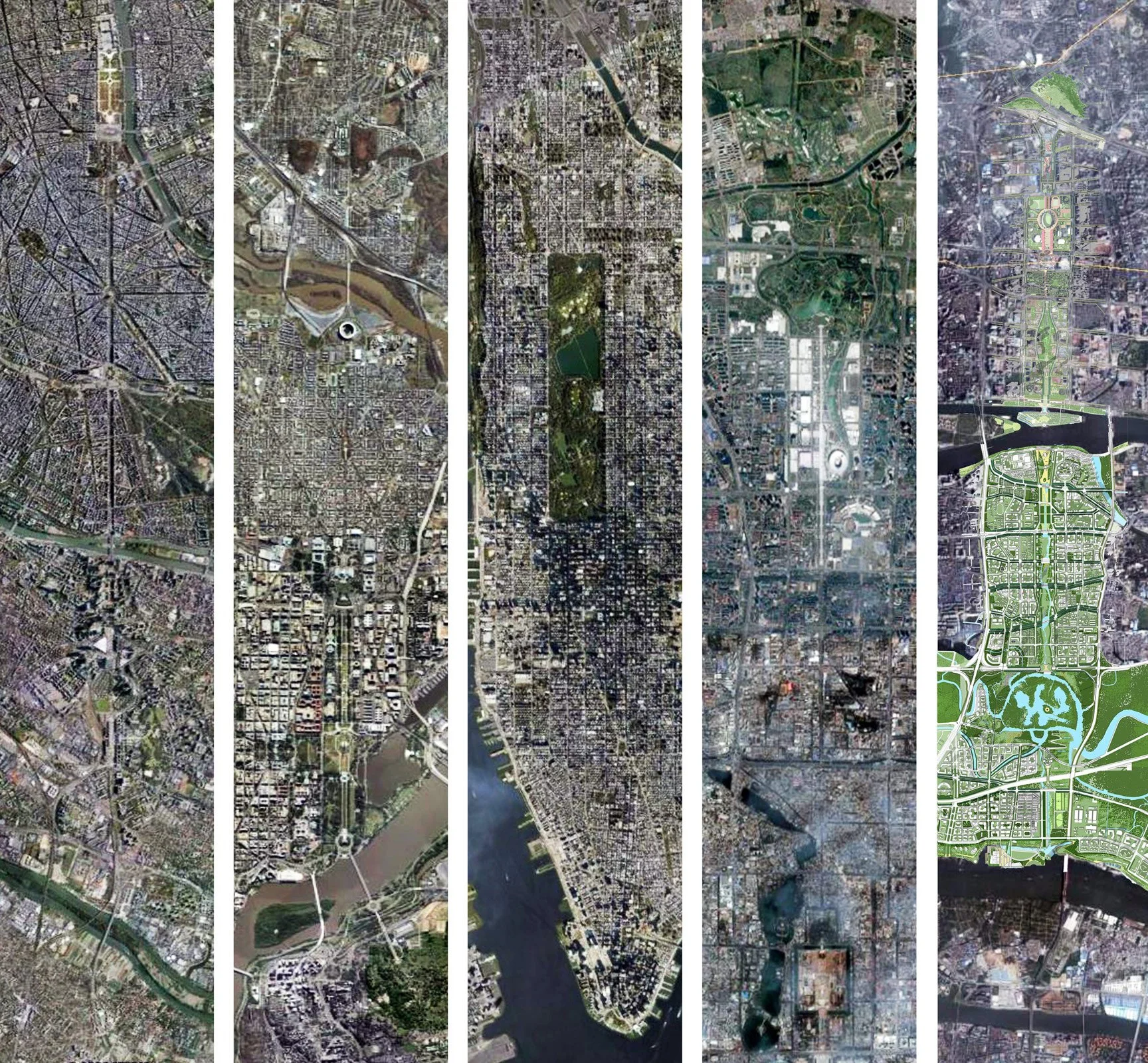 A collage of five satellite images of various urban areas, showing city layouts, roads, parks, waterways, and buildings.