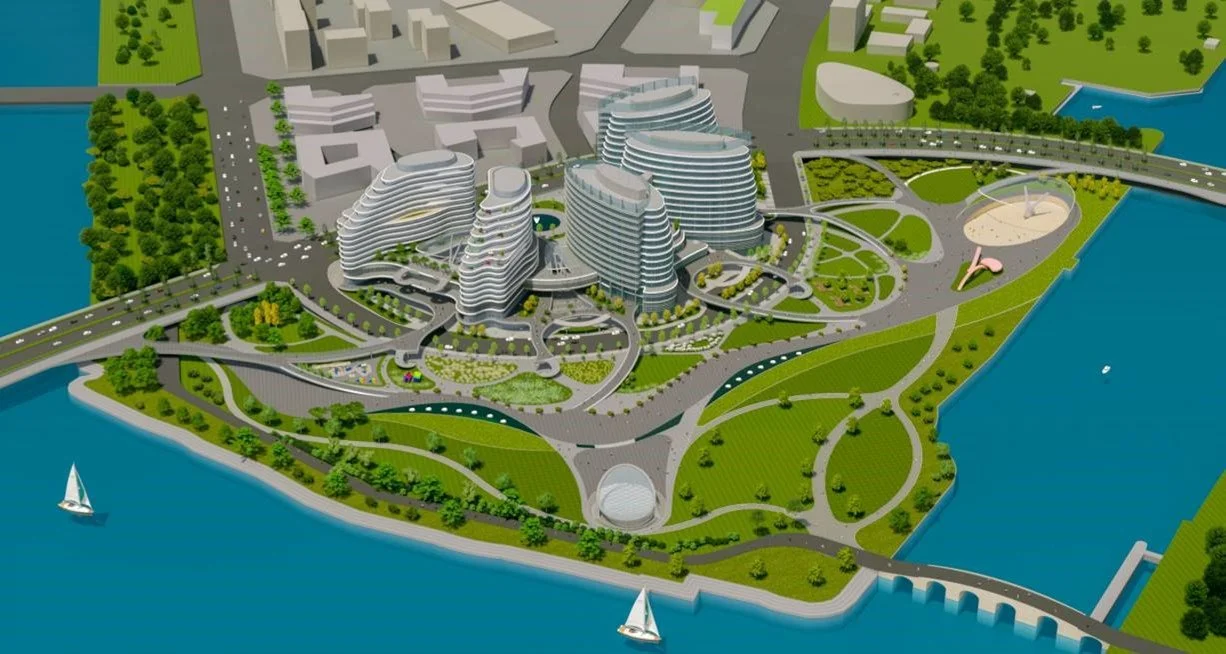 Aerial view of a modern cityscape with futuristic curved buildings, green parks, and water features including lakes and a river, with boats sailing nearby
