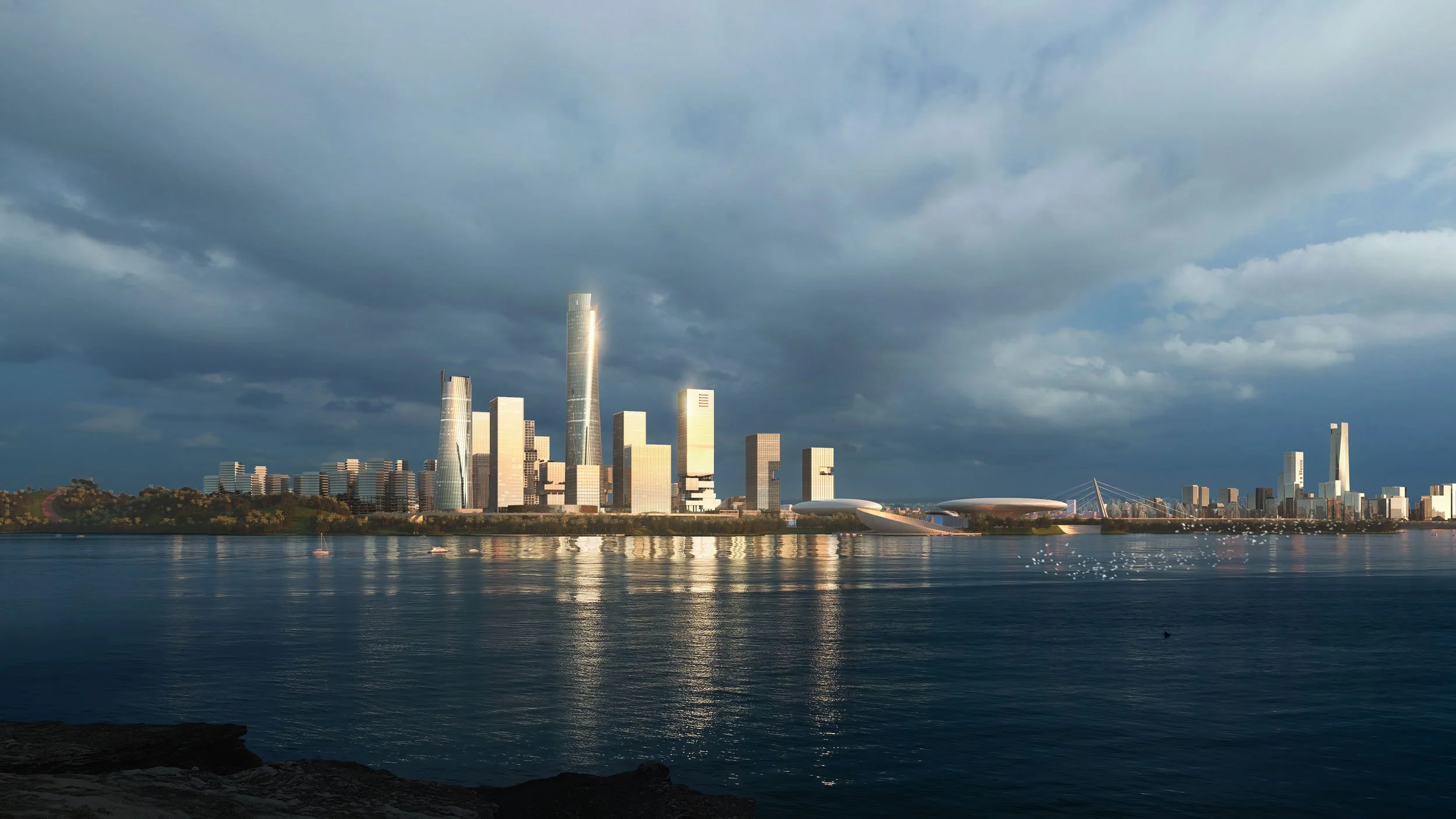 A city skyline with tall modern buildings reflecting off the water, under a cloudy sky.